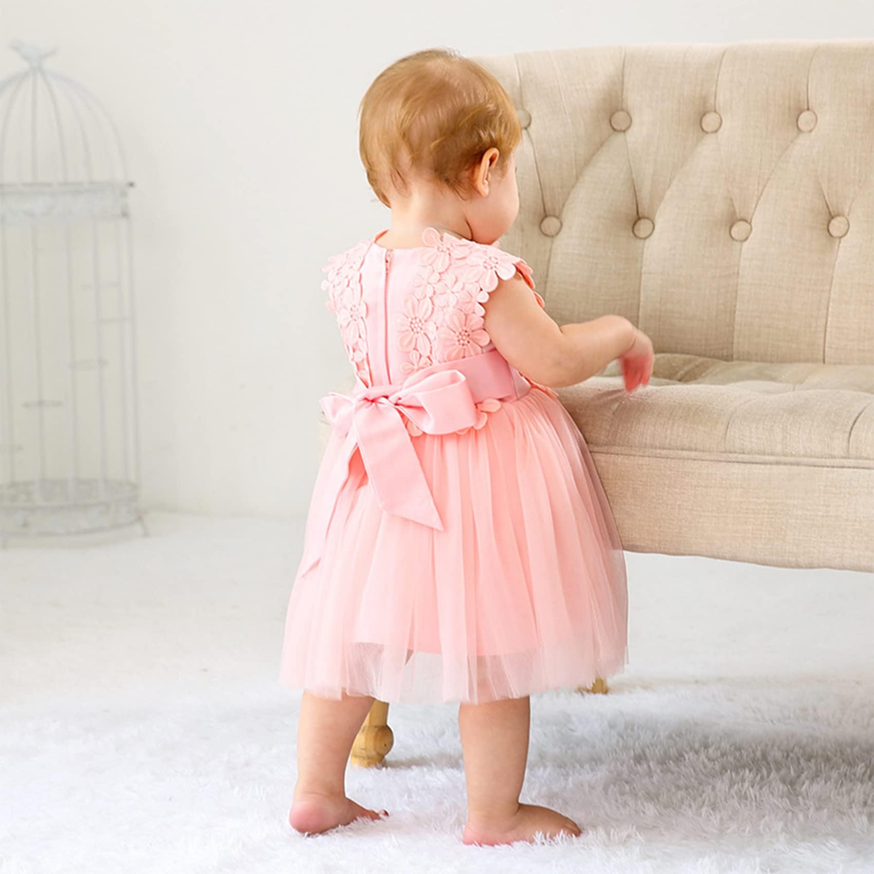 Abito Bimba Battesimo con Tulle Sfumato Arcobaleno,Abito da Festa Principessa Senza Maniche con Fiori e Pizzo,Vestito Elegante per Bambina 6-24 Mesi,Regalo per Cerimonie