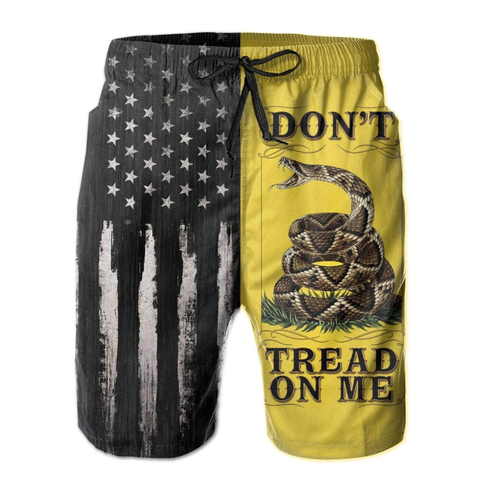 Teen Swim Trunks, Distressed American Flag and Gadsden Flag Don't Tread Snake On with Me Beach Shorts Cool Walk Short 3D Printed Drawstring Beach Swimwear Bathing Suits with Pockets Mesh Lining Large