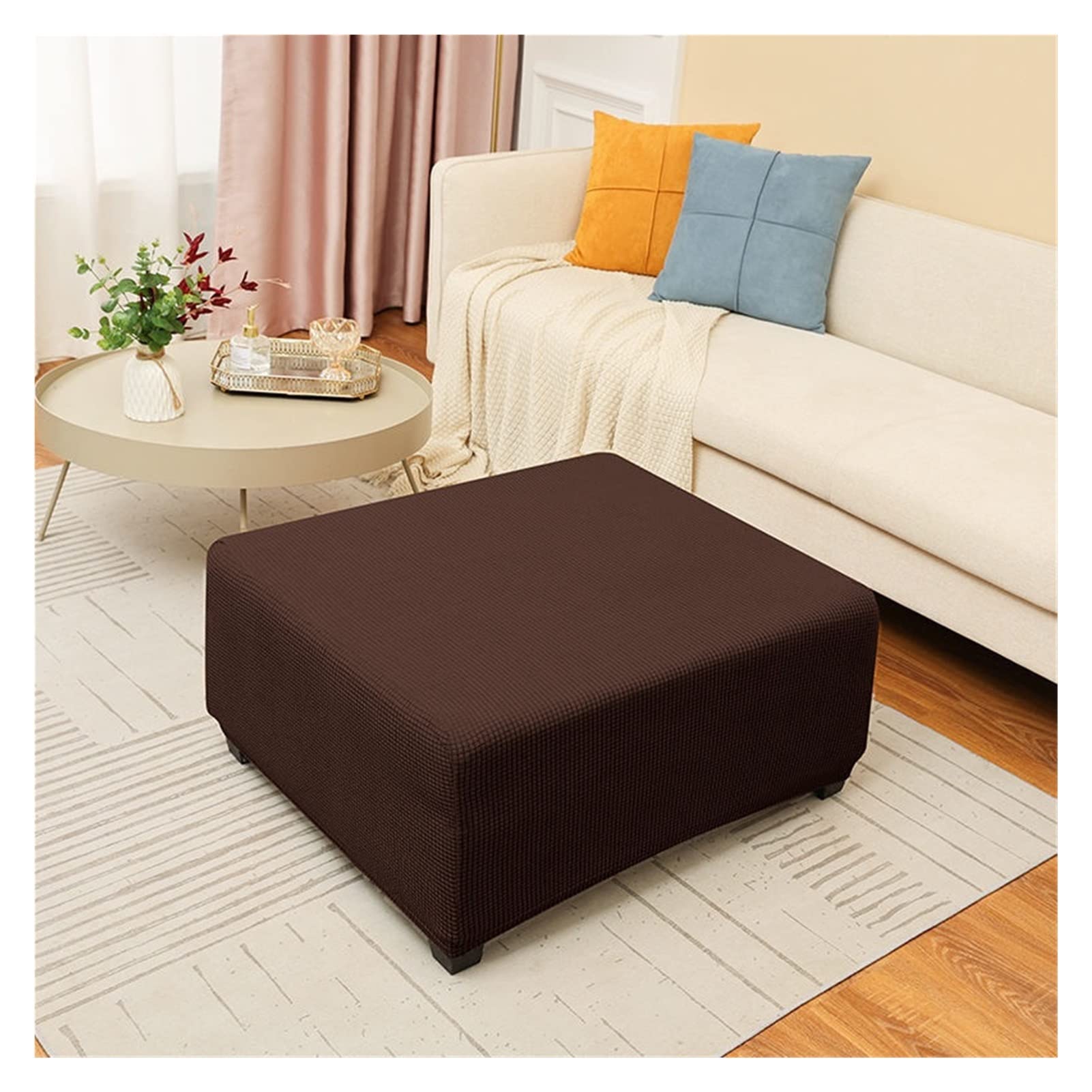 ZZDXW Stretch Ottoman Slipcover, Square Velvet Footstool Cover Large Brown/Grey/Black Footrest Pouffe Protector Covers With Elastic Bottom Washable Super Soft Universal Slipcovers