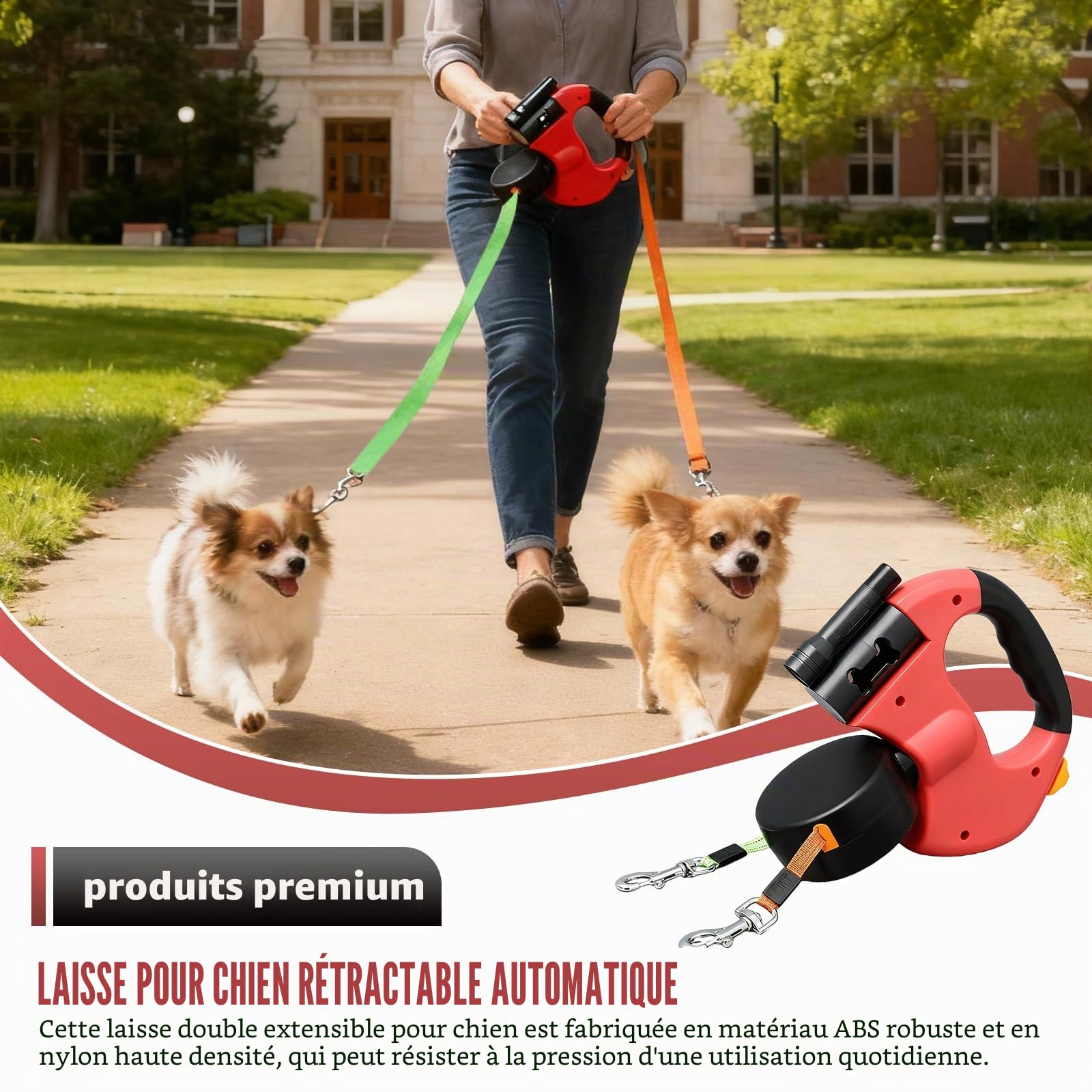 BAIFULAI Laisse rétractable pour 2 chiens, 3 m, double laisse pour 2 chiens, avec lumière, poignée antidérapante, extensible, pour chiens de petite et moyenne taille, rouge