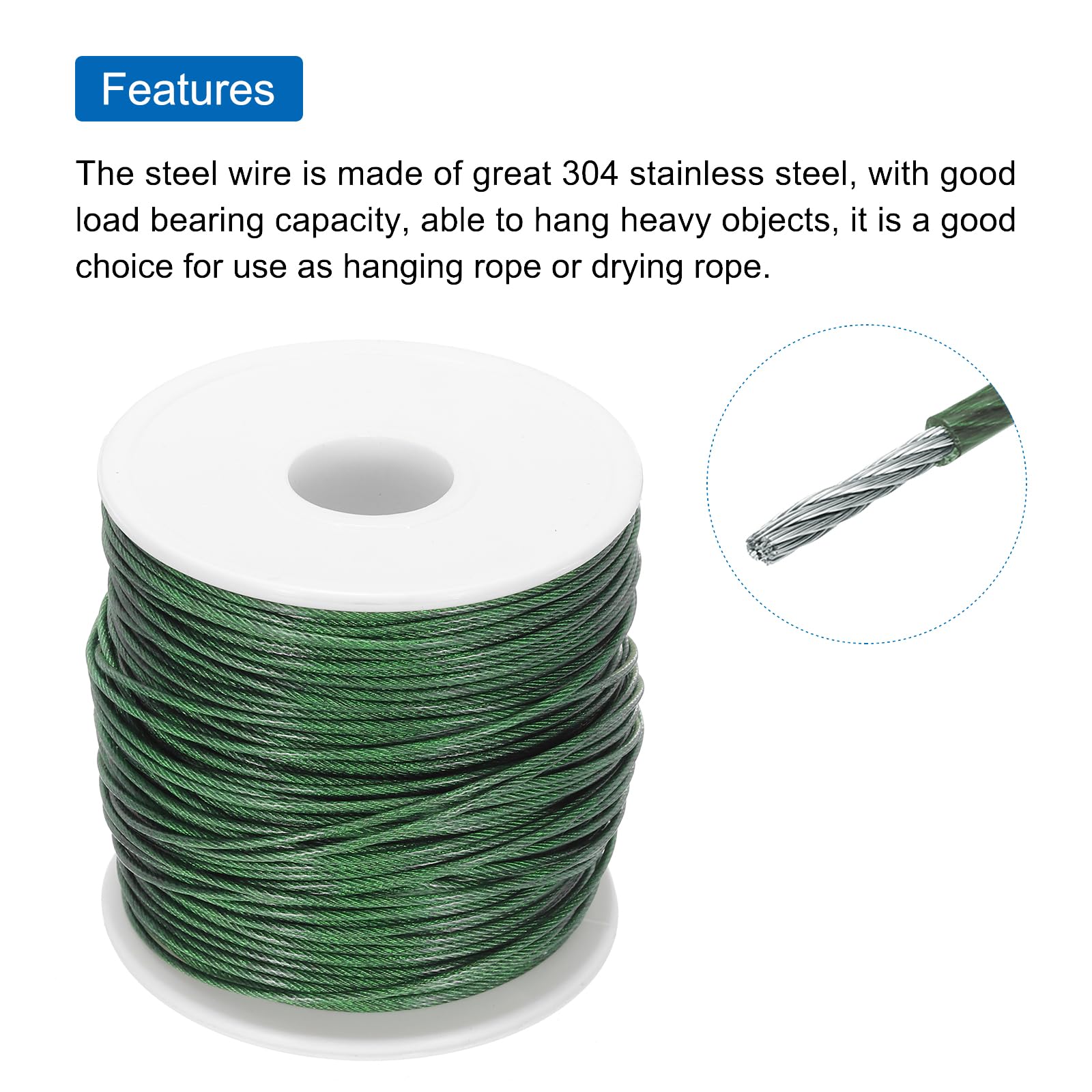 QUARKZMAN 100M x 1,5mm (328Ft x 1/16") Fune Metallico Cavo Acciaio Inossidabile 304, Tenditore Tirante con 30pz Manicotti Alluminio per Appendere Stendibiancheria Sollevamento, Verde