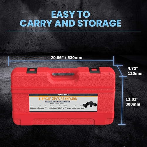 Miniatura 5 de Anbull Juego de dados de impacto jumbo de 34 pulgadas, surtido de 21 piezas de enchufes poco profundos, tamaños SAE estándar de 6 puntos (34