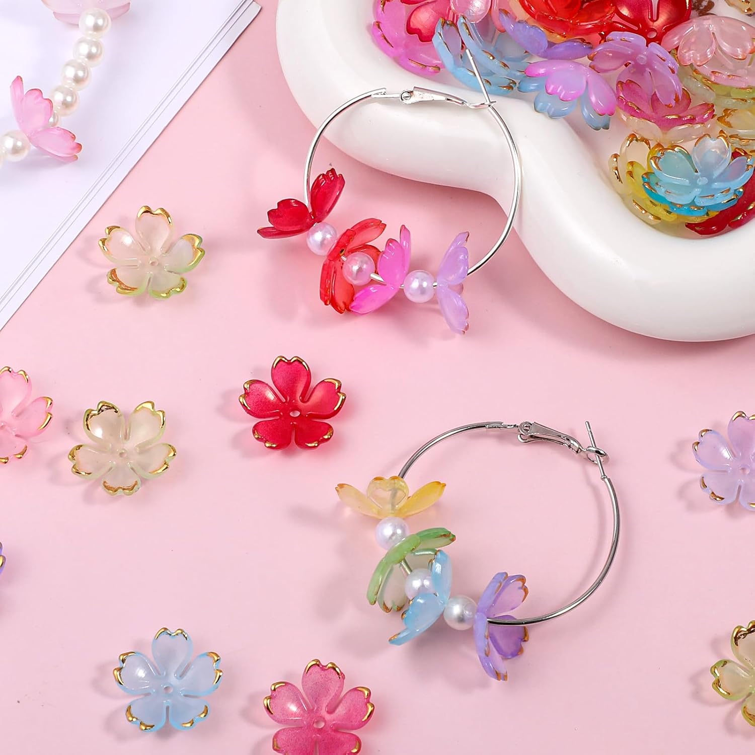 Acrylic Flower Beads, 100 Pcs Cherry Blossom Flower Beads Plastic Gradient Flowers Spacer Bead Charms Mini Gold-Plated Floral Bead for DIY Crafts Bracelets Necklaces Earrings Jewelry Making, 19mm - Image 5