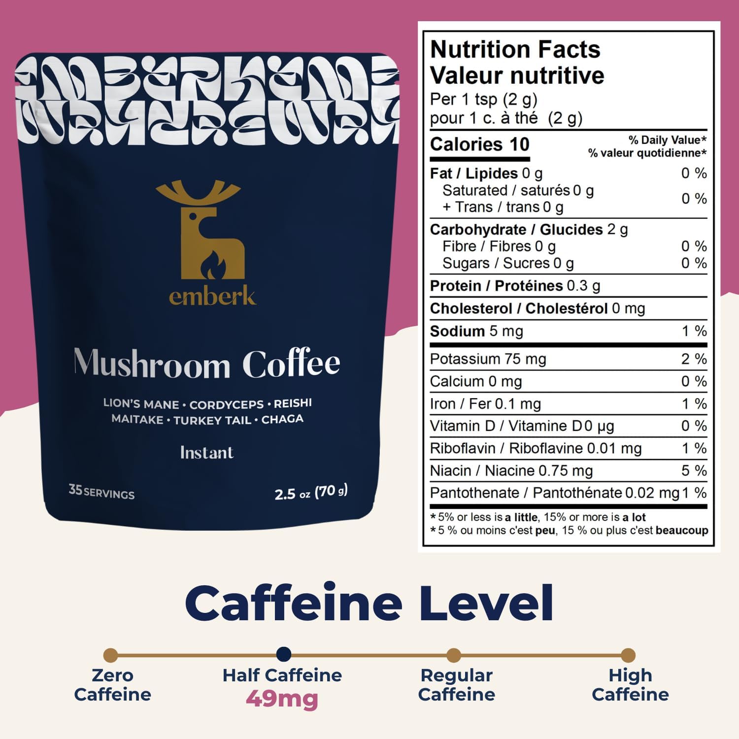 Emberk Organic Mushroom Coffee with Lions Mane - Instant Coffee with 6 Adaptogenic Mushrooms, 5000mg per Cup for Focus, Energy and Immune Support - Low Caffeine, Vegan, 35 Servings
