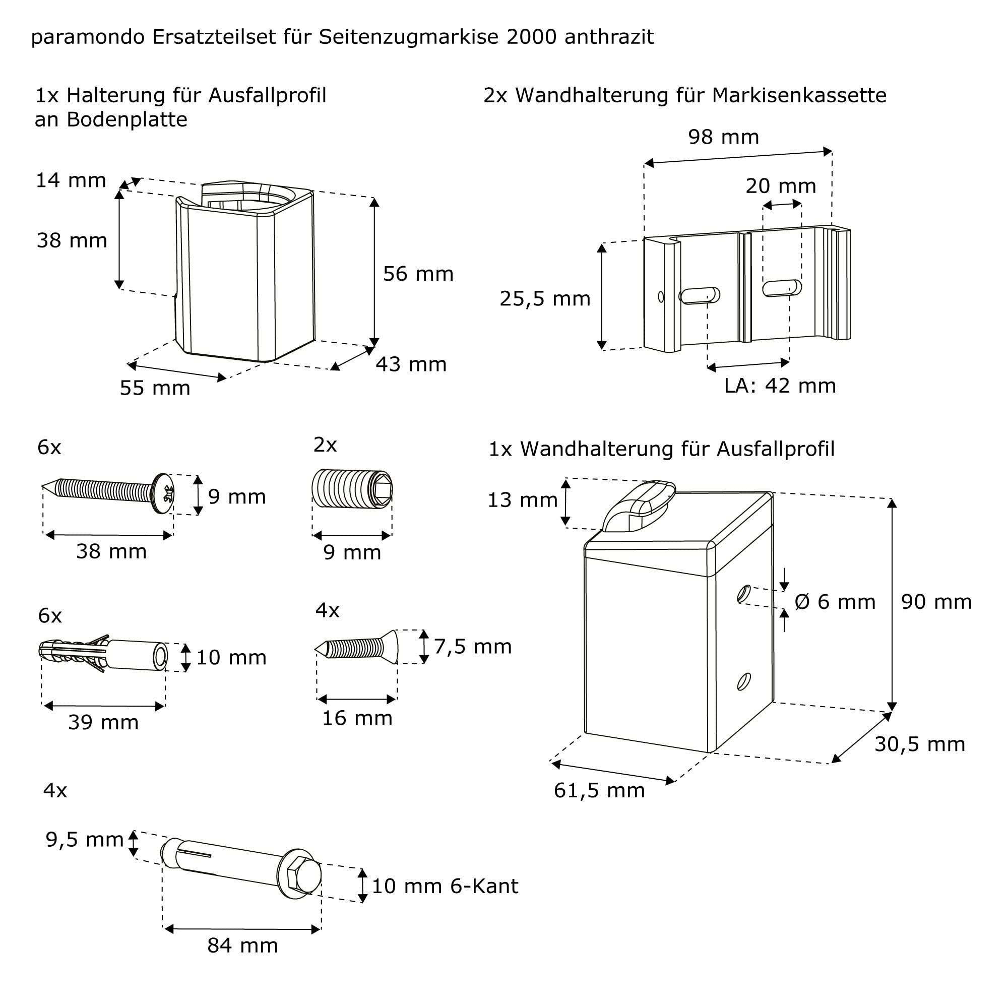 paramondo Ersatzteil-Set für Seitenmarkise 2000 Markisen-Zubehör Halterung Wandhalterung Befestigungsmaterial, Anthrazit