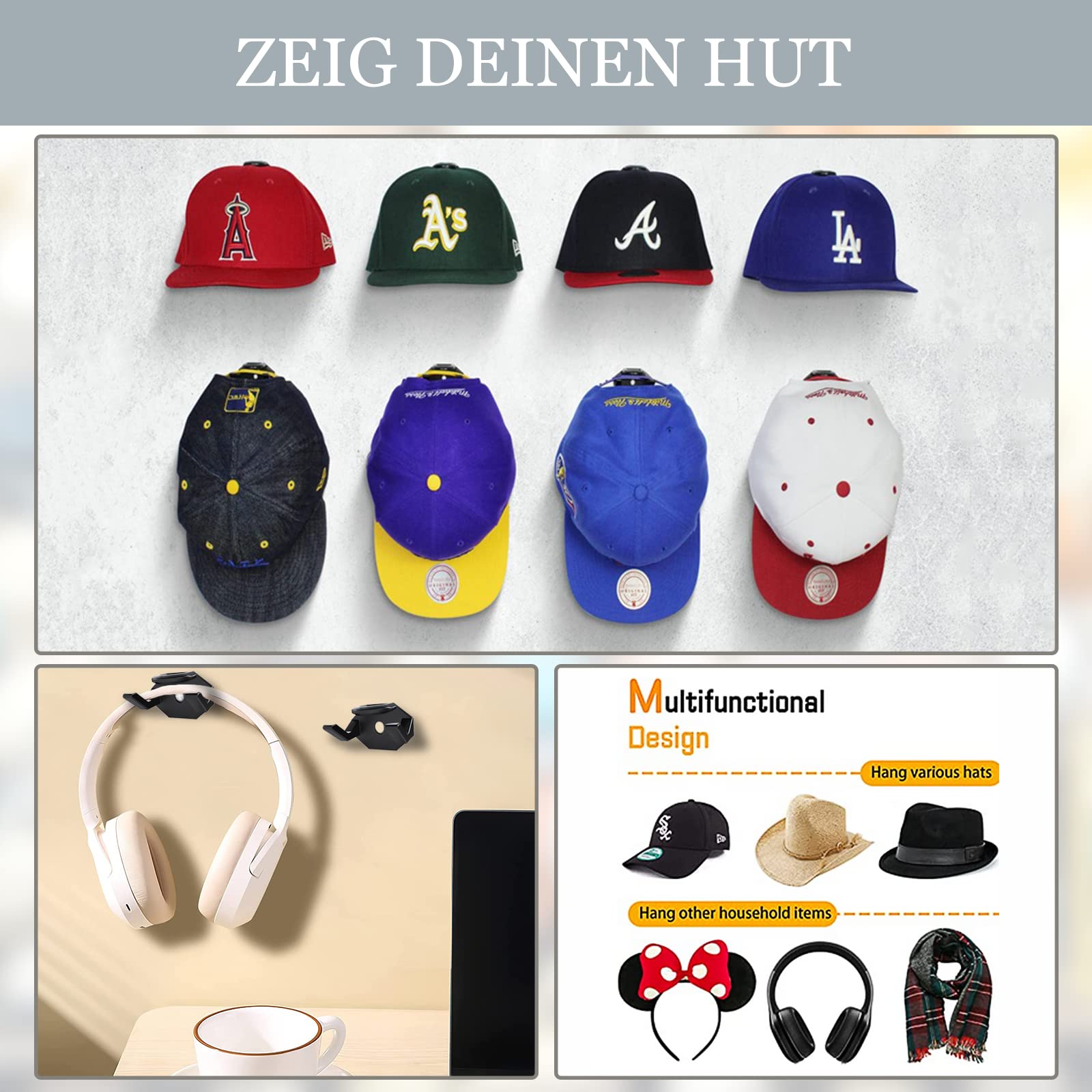 8 Pièces Support Casquette, Adhésifs Range Casquette, Support Adhésif Sans Perçage, Porte Chapeau Mural, Porte Casquette Mural, Organiseur de Chapeaux Polyvalent pour Chapeaux, Écharpes, Sacs(Noir