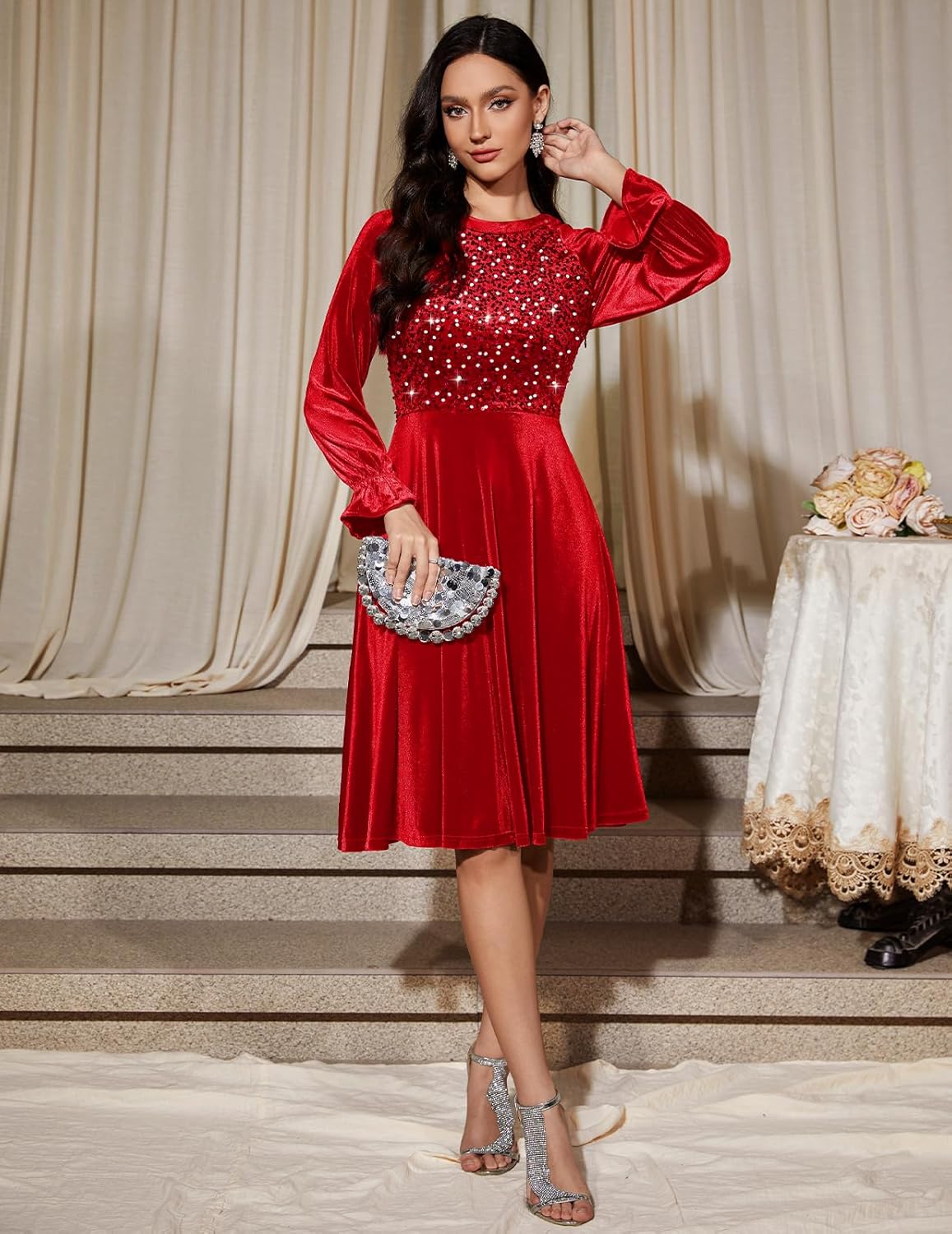 Bbonlinedress Velvet Sequin Cocktail Long Sleeve Dress for Women Velvet Vintage Wedding Guest Midi Dress - Image 2