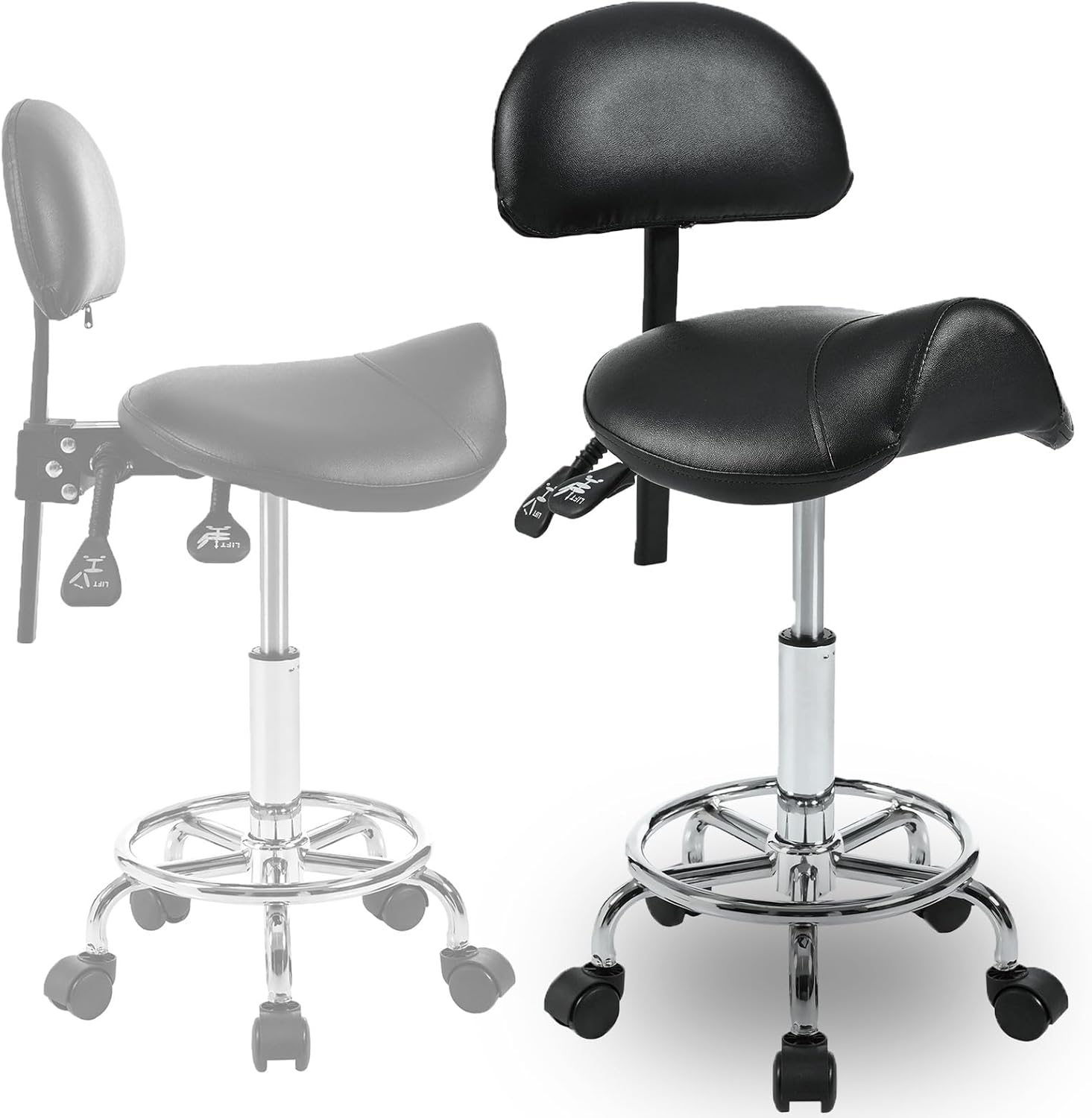 Anwick Saddle Stool with Back Support, Rolling Stool Adjustable Height, Ergonomic Esthetician Chair for Salon Spa Tattoo Massage Office