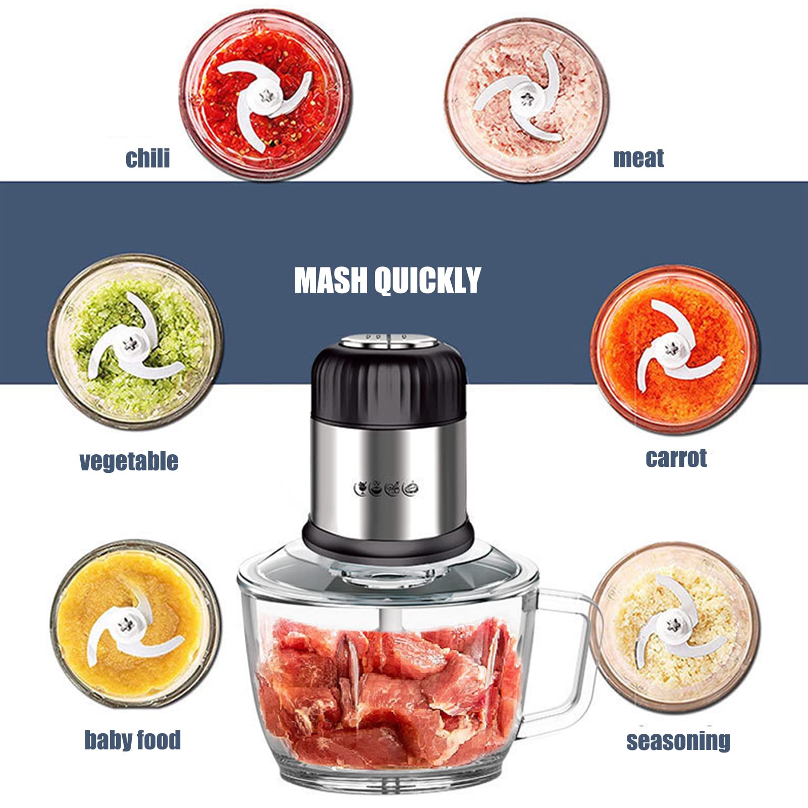 Hachoir hachoir électrique 2L, 800 W haute puissance, bol en verre avec poignée, robot culinaire à fonctionnement silencieux, machine de cuisson de cuisine pour viande, légumes, fruits, oignons e