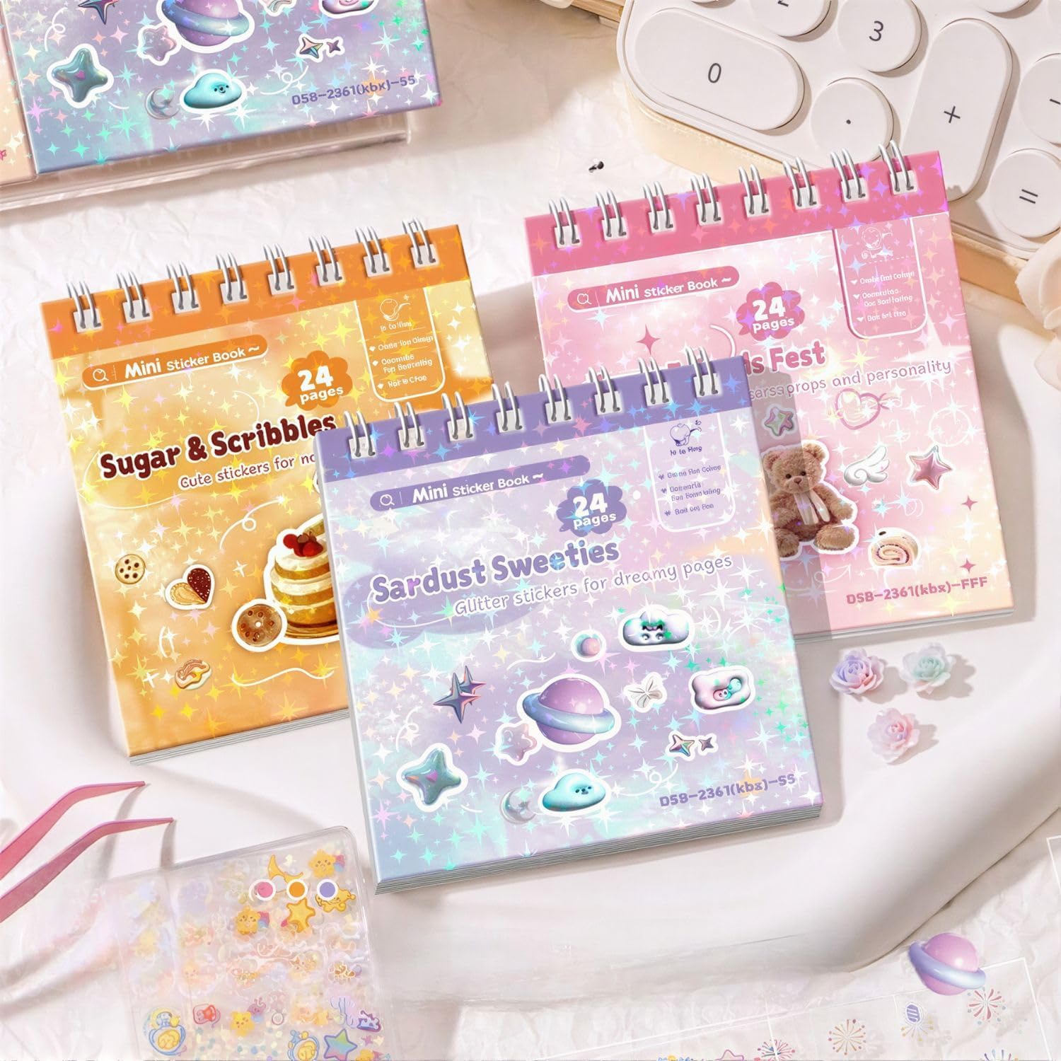 Khasala Brothers Mini Sticker Book Set of 3 with Craft Tweezer, Kawaii Glitter Theme, 24 Pages Each, 4320+ Stickers (3 MINI Book Set)-image-14