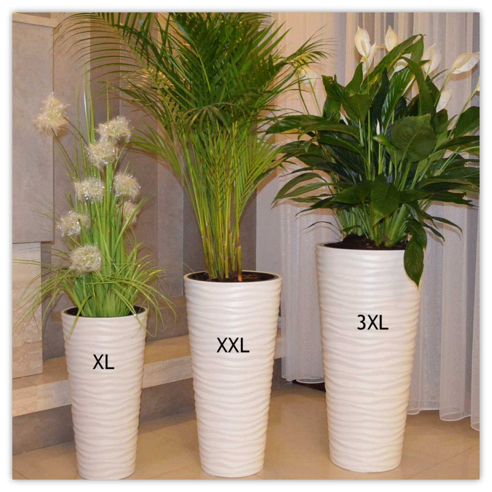 Vaso da fiori rotondo Slim alto effetto 3D decorativo con inserto rimovibile, set 2 pezzi, XL+M, bianco