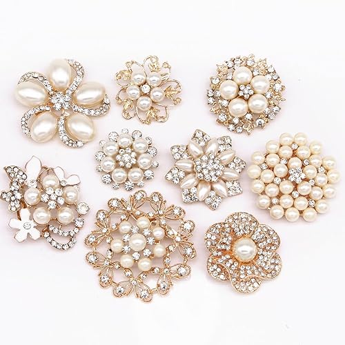 Miniatura 2 de Lote 9pcs Broches de diamantes de imitación en tono oro rosa, conjunto de ramo de boda de cristal perla grande, Cristal