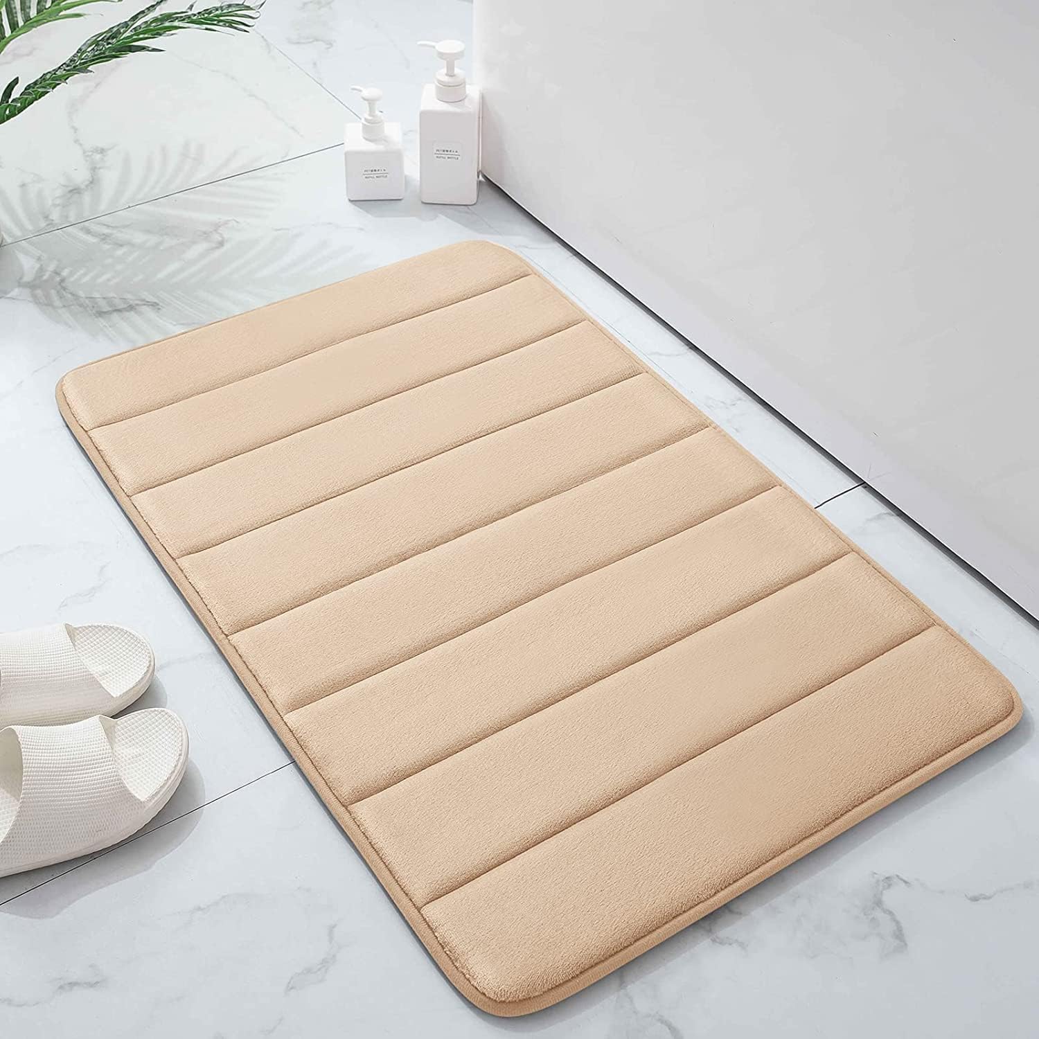 2-PCS Non-Slip Bath Mat With Memory Foam Door mats, Bathroom Rug Set, Water Absorbent Toilet Mat, 40x60cm, Soft & Comfortable Machine Washable Door Mat, Easier to Dry Floor Mats (Beige)