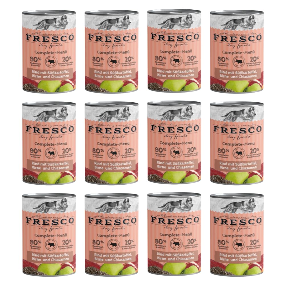Fresco Complete-Menü Rind mit Süßkartoffeln, Birne & Chiasamen | 12er Pack | 12 x 400 g | Nassbarf für Hunde | Wichtige Proteine & Eiweiß | Aus reinem Muskelfleisch