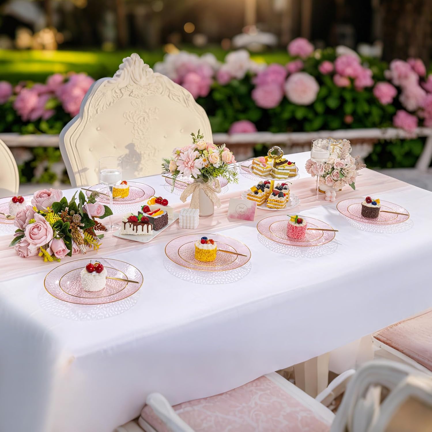 DaYammi 240Pcs Pink Plastic Plates Including 120Pcs Pink Dessert Plates and 120Pcs Gold Plastic Forks,Hammered Party Plate,pink and Gold Appetizer plates Heavy duty Disposable Cake Plate for Party - Image 6