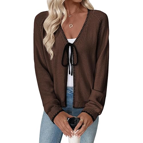 EVALESS Womens Cardigan Sweaters Trendy V Neck Long Sleeve Open Front Bow Tie Knit Chunky Lightweight Fall Outerwear