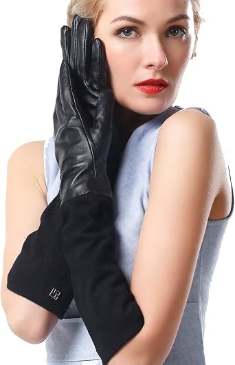 Womens Nappa Leather Gloves Lambskin Long Gloves Winter Warm Gloves