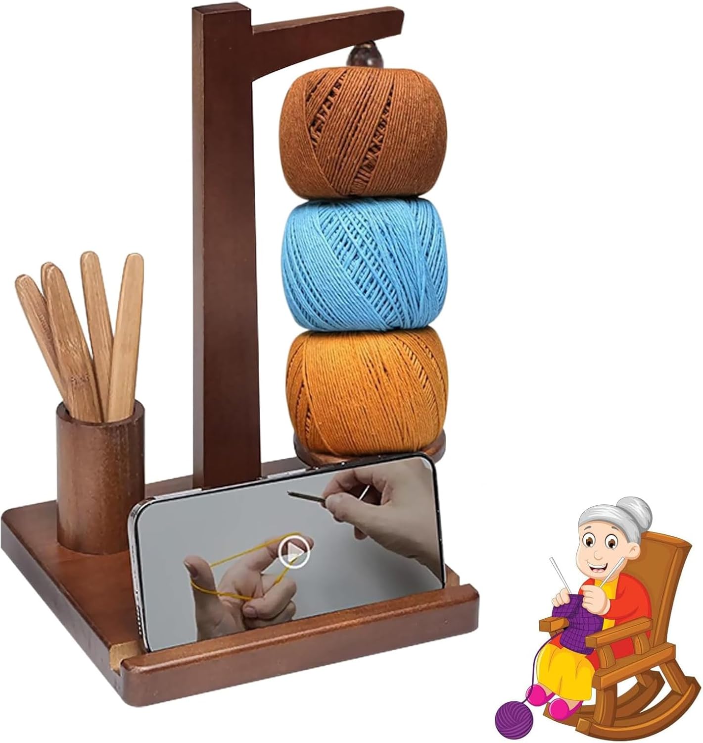 Yarn Holder, Wooden Ball Holder, Multifunctional Magnetic Wool Holder, Rotating Yarn Holder, Wooden Yarn Dispenser, with Stand, Suitable for Crochet Yarn and Knitting