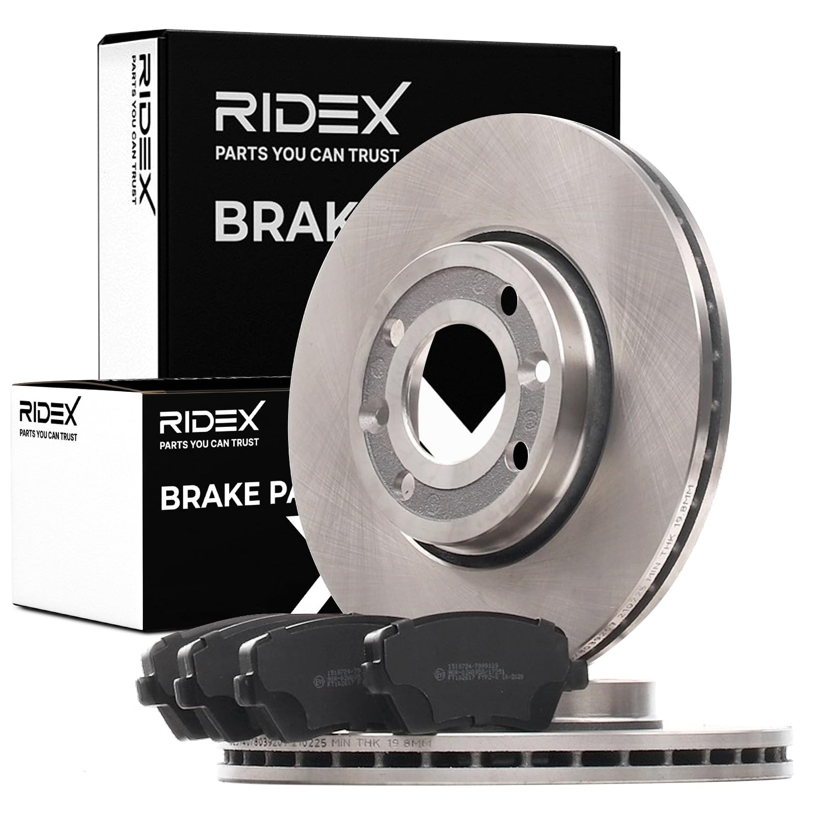 RIDEX 3405B1158 Juego para eje Kit de discos de freno y pastillas Delantero con accesorios con chapa antichirrido Compatible con RENAULT Clio 4 Grandtour KH