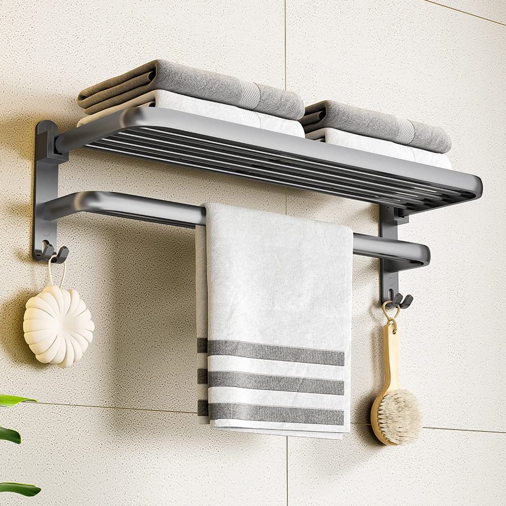 Porte-serviette pliable CRODY avec barre de crochet et étagère murale 60 cm