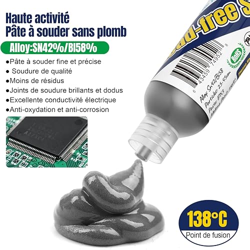 BEEYUIHF Sans plomb Pâte à souder, Pâte à étamer Sn 42 Bi 58, 138°C Solder Paste souder à l'étain, pour SMT PCB BGA SMD Réparation Électronique (1.05oz/30g) - 2