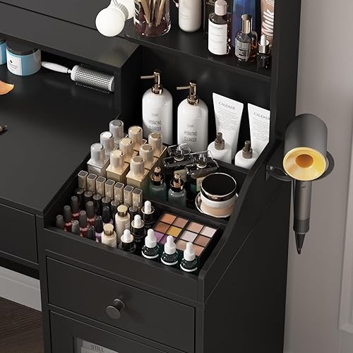 Miniatura 5 de Vabches Tocador con espejo y luces, mesa de maquillaje con estación de carga, tocador con taburete y 3 compartimentos de almacenamiento, 3 modos de