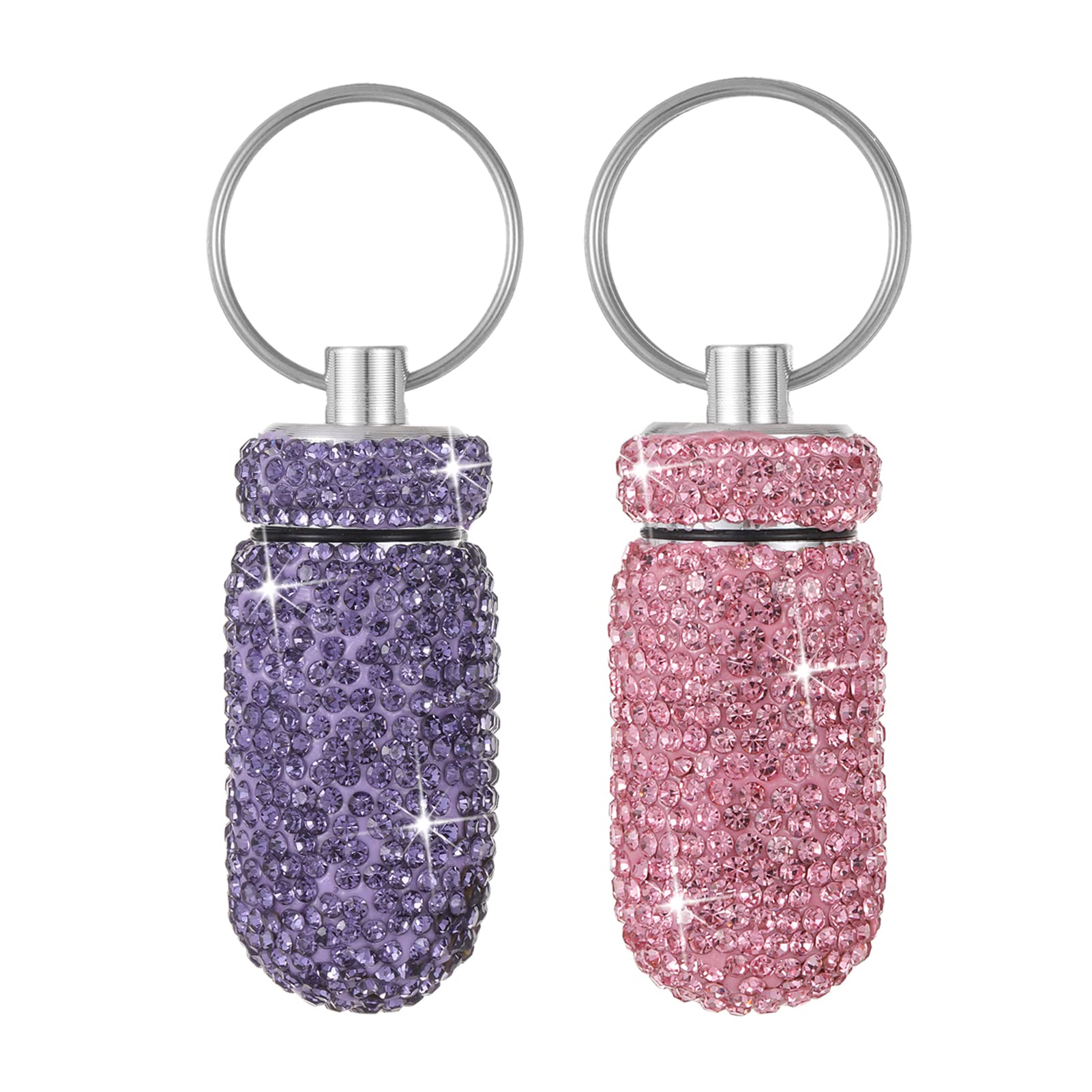 Bling Pill Case Portable Travel Pill Container Bottle Rhinestone Waterproof Small Pill Holder with Keychain Cute Mini Pill Storage Box for Outdoor