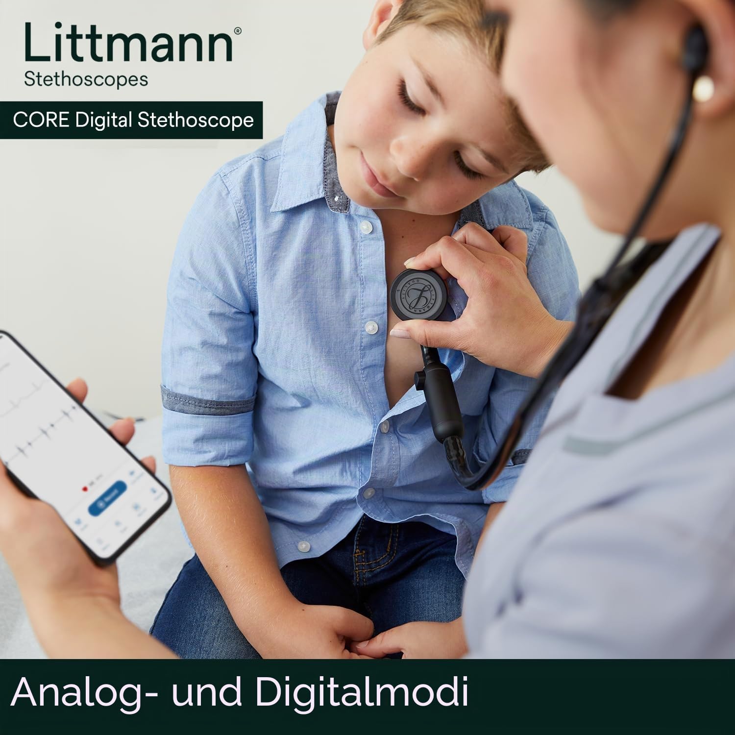 Littmann CORE Digital Stethoskop, 8490, Schlauch Schwarz | Schwarzes Bruststück. Bis zu 40-fache Verstärkung und aktive Geräuschunterdrückung. Für Ärzte und Medizinstudenten