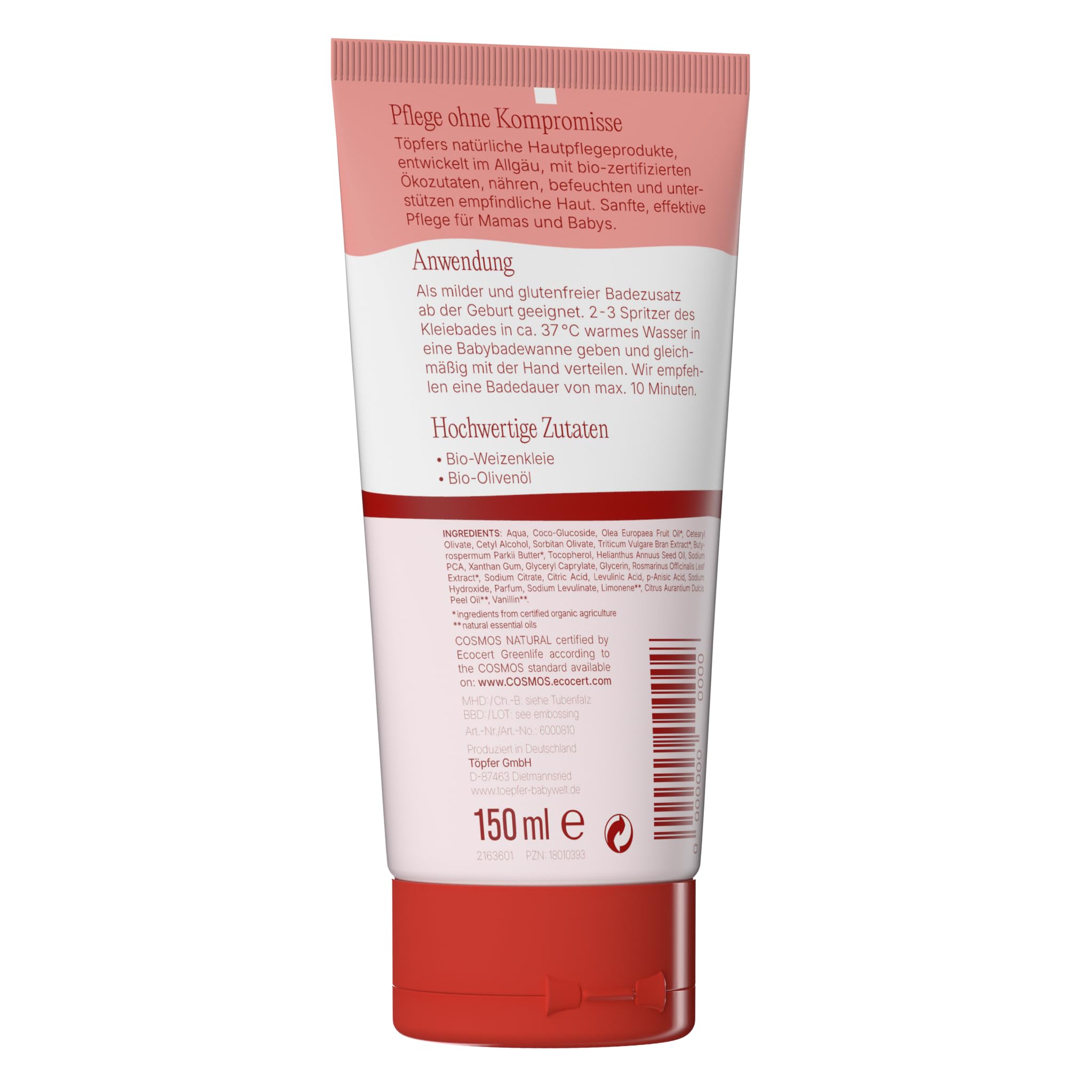 Töpfer Babycare Kleiebad – milder Badezusatz für empfindliche Babyhaut ab Geburt – mit Bio-Weizenkleie & Bio-Olivenöl – glutenfrei & vegan – 6x150ml