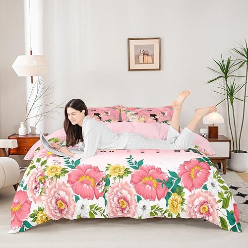 Miniatura 3 de Feelyou Juego de ropa de cama con diseño de granja feliz para niñas, diseño floral de animales 3D, diseño de dibujos animados, lindo cerdo, vaca,