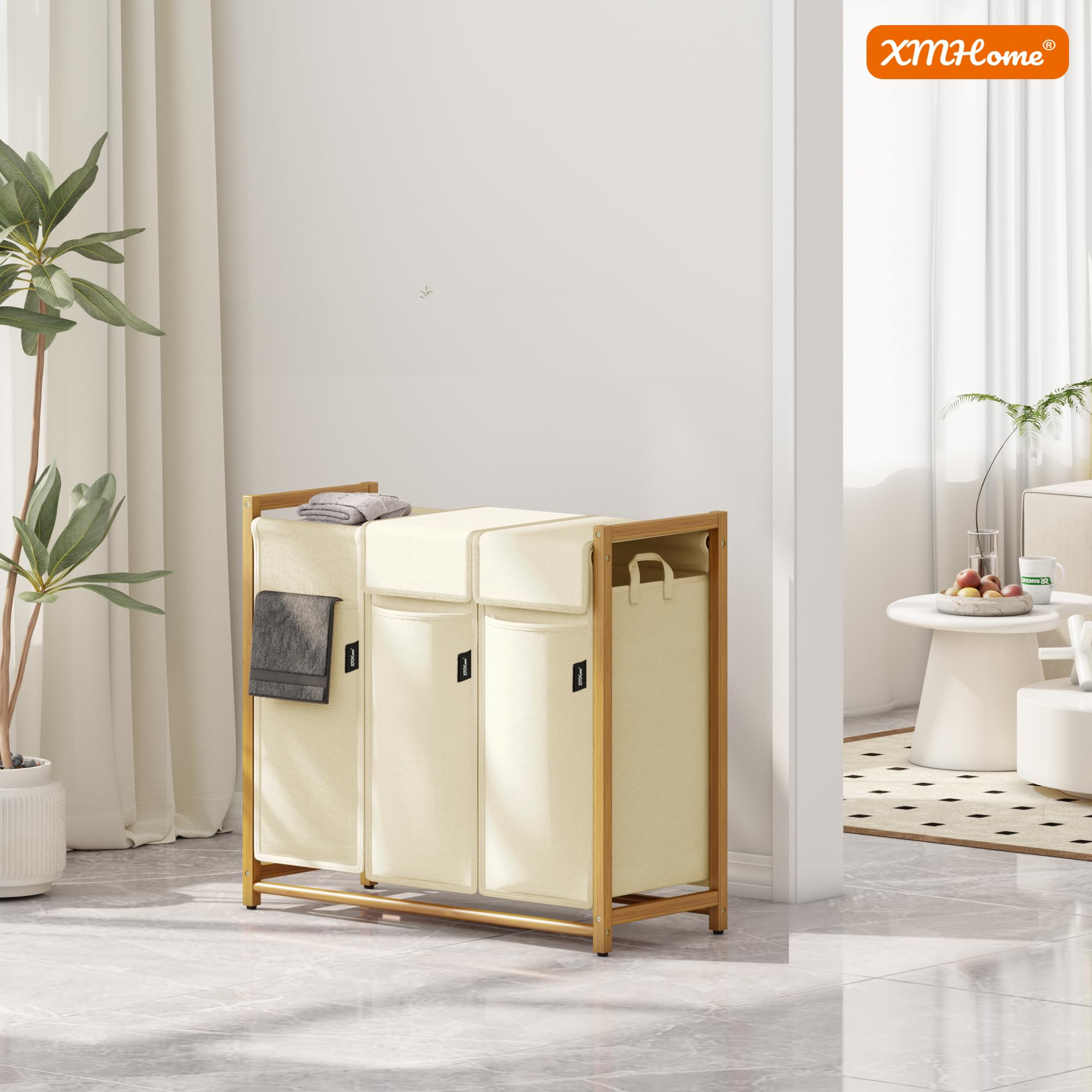 Wäschekorb 148L mit 3x49L Fächern Bambus Wäschesammler mit Deckel | Wäschesortierer mit herausnehmbaren Taschen, rechteckige Wäschebox für Schlafzimmer, Bad & Waschküche Beige