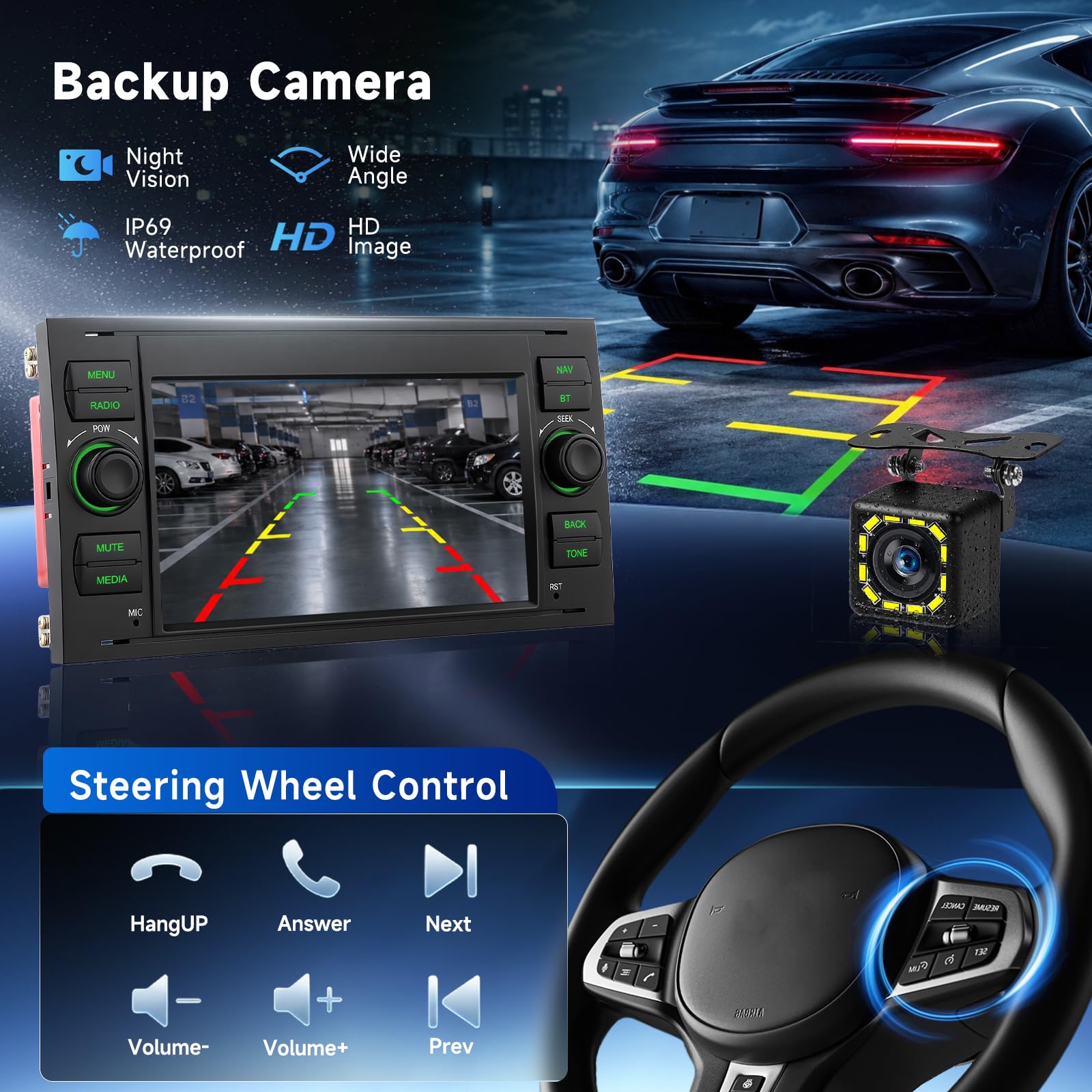 Hodozzy Autoradio für Ford Transit Fiesta Focus Mondeo C-Max S-Max, 2 DIN Radio mit Bluetooth AM/FM/RDS, 7-Zoll-Touchscreen Autoradio mit Bildschirmo Wireless CarPlay Android Auto, EQ Rückfahrkamera