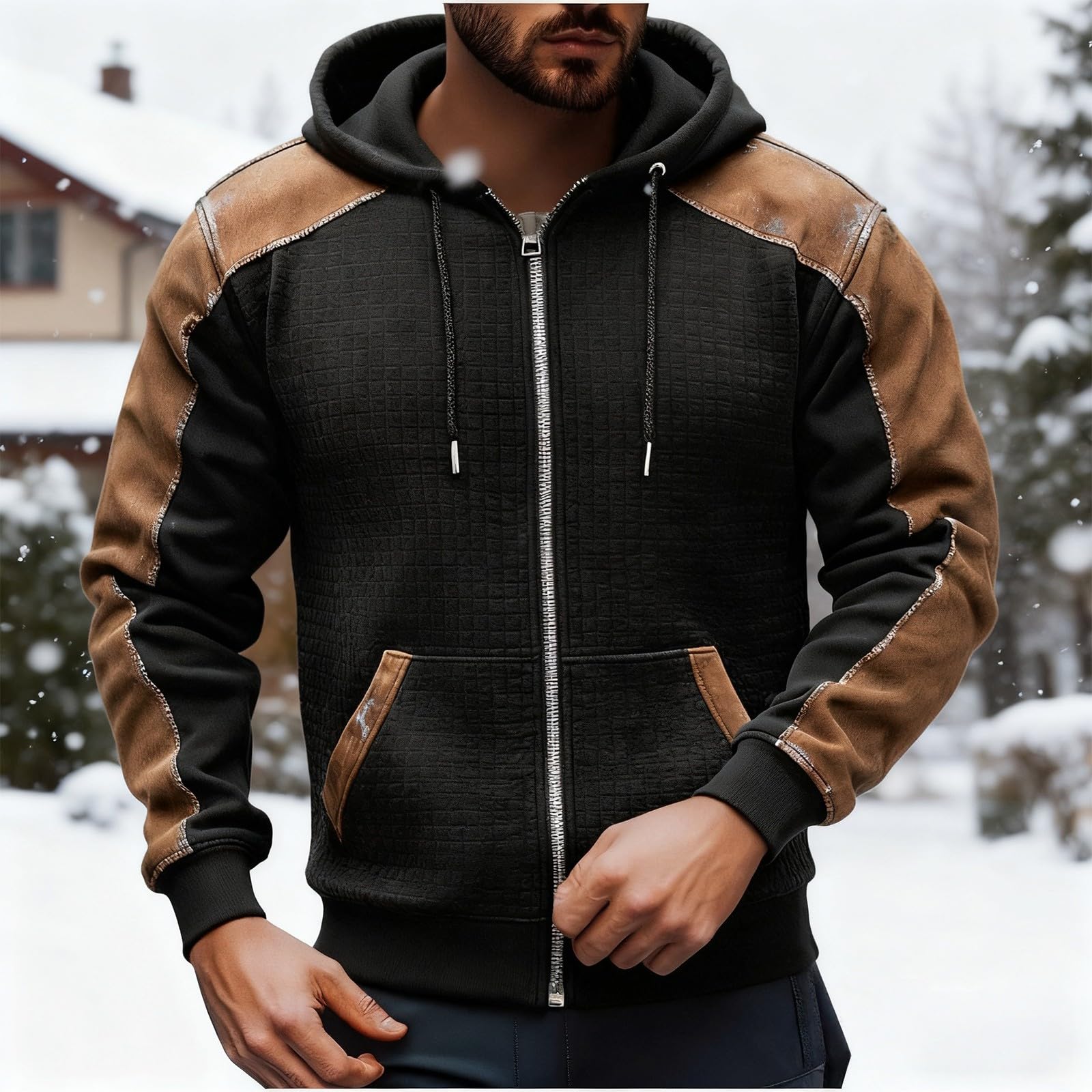 Felpa con cappuccio da uomo con zip intera, casual, a blocchi di colore