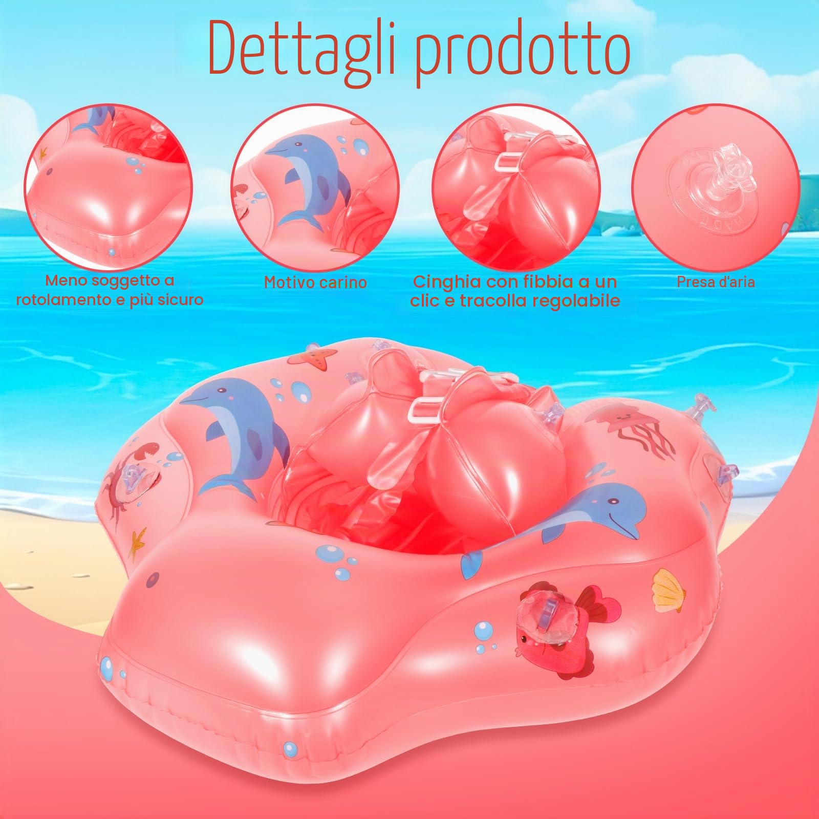 Piscina Salvagente Bambini Gonfiabile, Salvagente Neonato 1-3 anni, Salvagentes Neonato con Parasole e Seggiolino di Sicurezza, Anello di Nuoto Bambini UPF50+ Protezione UV(Rosa)