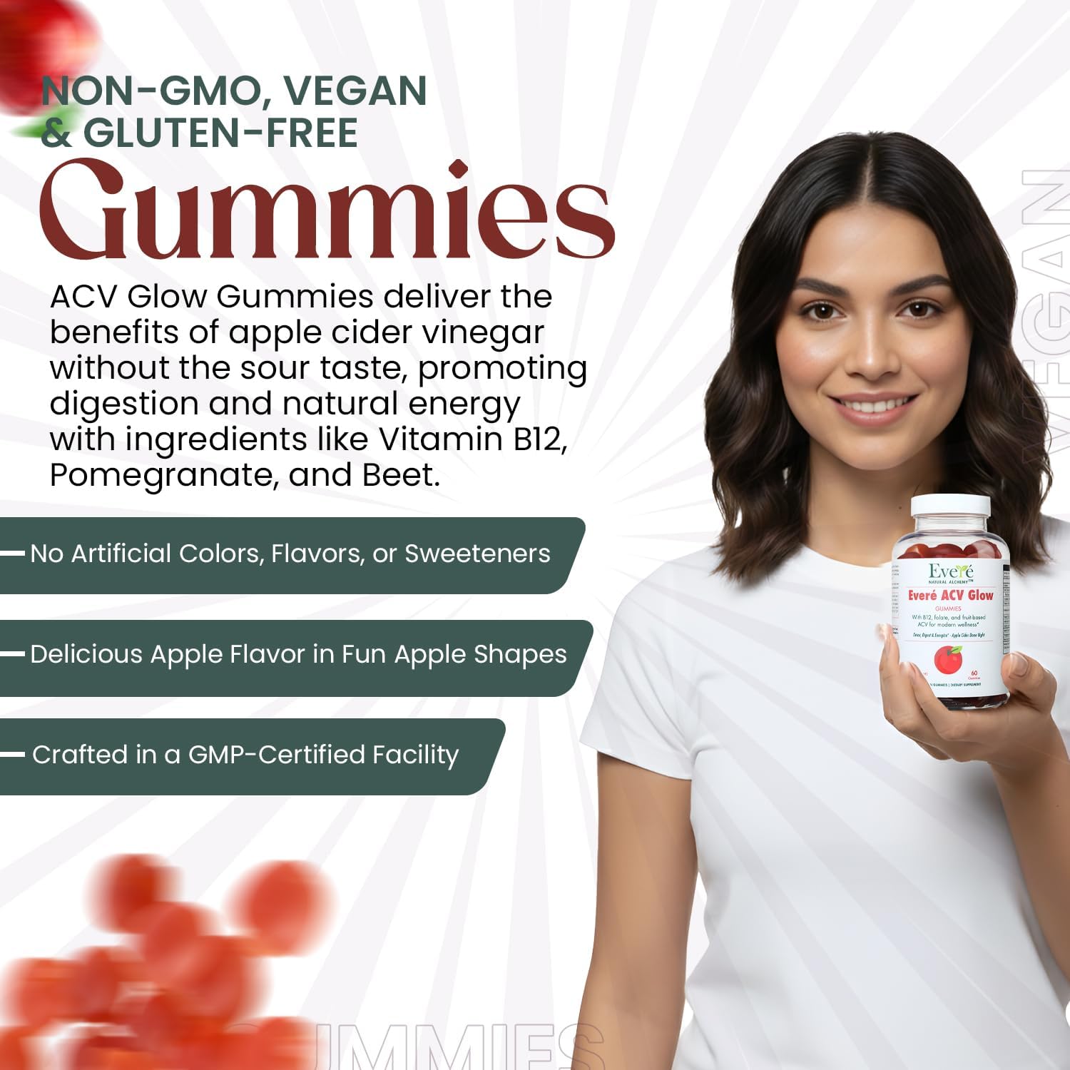 Everé ACV Glow Gummies – Apple Cider Vinegar with B12, B6, Iodine, Folate, Beetroot & Pomegranate – Daily Wellness Support for Energy & Balance