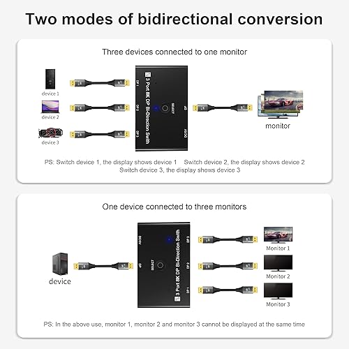 Miniatura 3 de Conmutador DisplayPort 8K DP 1.4 de 3 puertos Convertidor divisor bidireccional 8K 30Hz 4K a 120Hz para múltiples fuentes y pantallas.