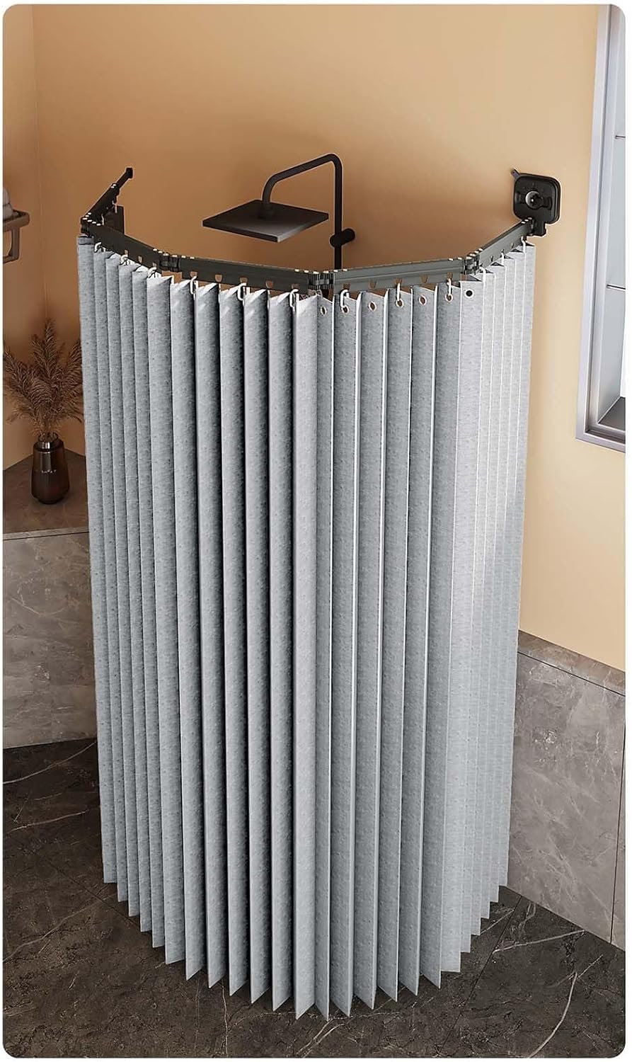 Aluminum Folding Magnetic Shower Curtain Rod, Waterproof Corner Rod with Suction Cup Fixation, Wall Mount for Bathroom Window Closet