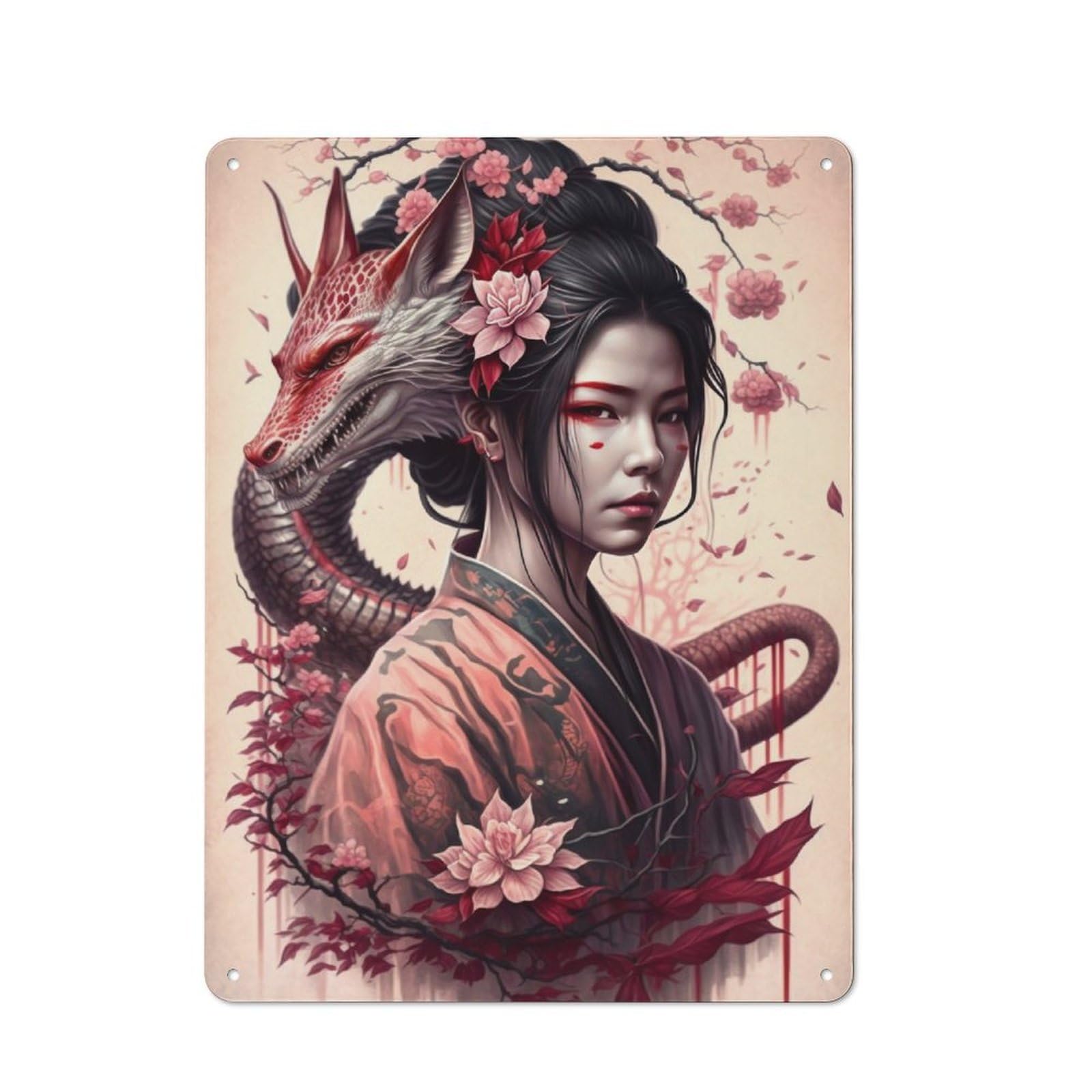 Workshop Style Geisha Dragon Tin Sign 40x30cm, Workshop Wall Decor for Tool Room, Garage, Studio Or Home Bar