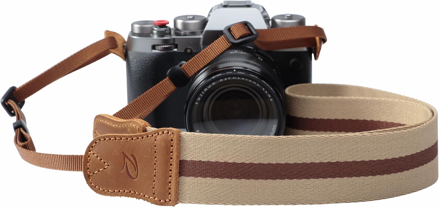 Padwa Lifestyle Beige Brown Stripe Camera Strap - 1.5" Wide Crazy Horse Cowhide Ends Camera Straps for All DSLR Cameras,Universal Adjustable Pure Cotton Woven Strap,Great Gift for Photographers