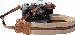 Padwa Lifestyle Beige Brown Stripe Camera Strap - 1.5" Wide Crazy Horse Cowhide Ends Camera Straps for All DSLR Cameras,Universal Adjustable Pure Cotton Woven Strap,Great Gift for Photographers