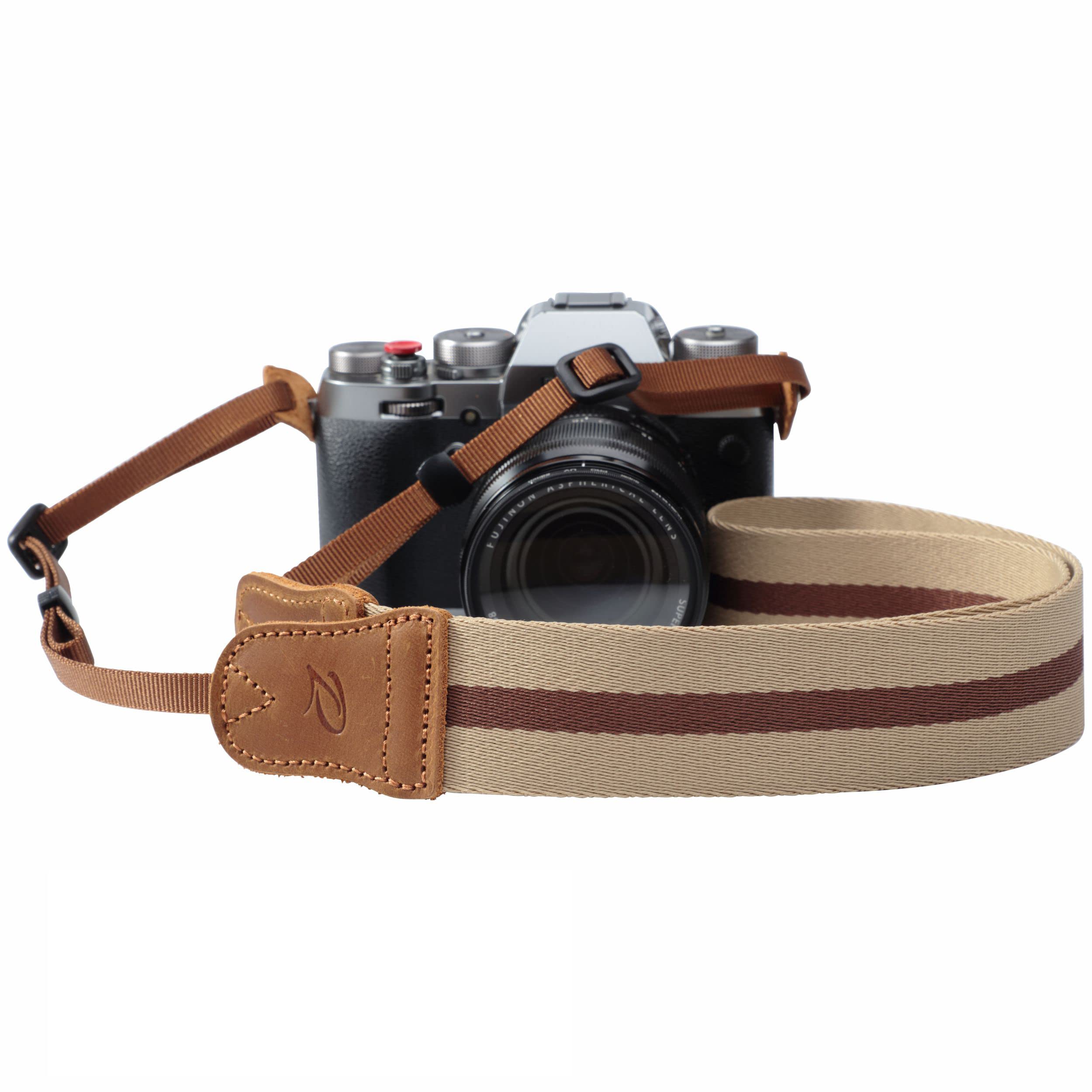 Padwa Lifestyle Beige Brown Stripe Camera Strap - 1.5" Wide Crazy Horse Cowhide Ends Camera Straps for All DSLR Cameras,Universal Adjustable Pure Cotton Woven Strap,Great Gift for Photographers