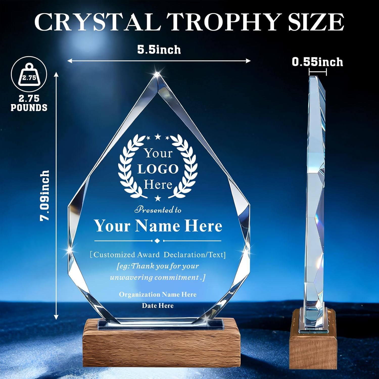 Custom Crystal Trophy Award-Personalized Trophy with Logo & Text, K9 Crystal Recognition Gift for Corporate,Employee Appreciation,Graduation Award,Years of Service,Academic Recognition Gift