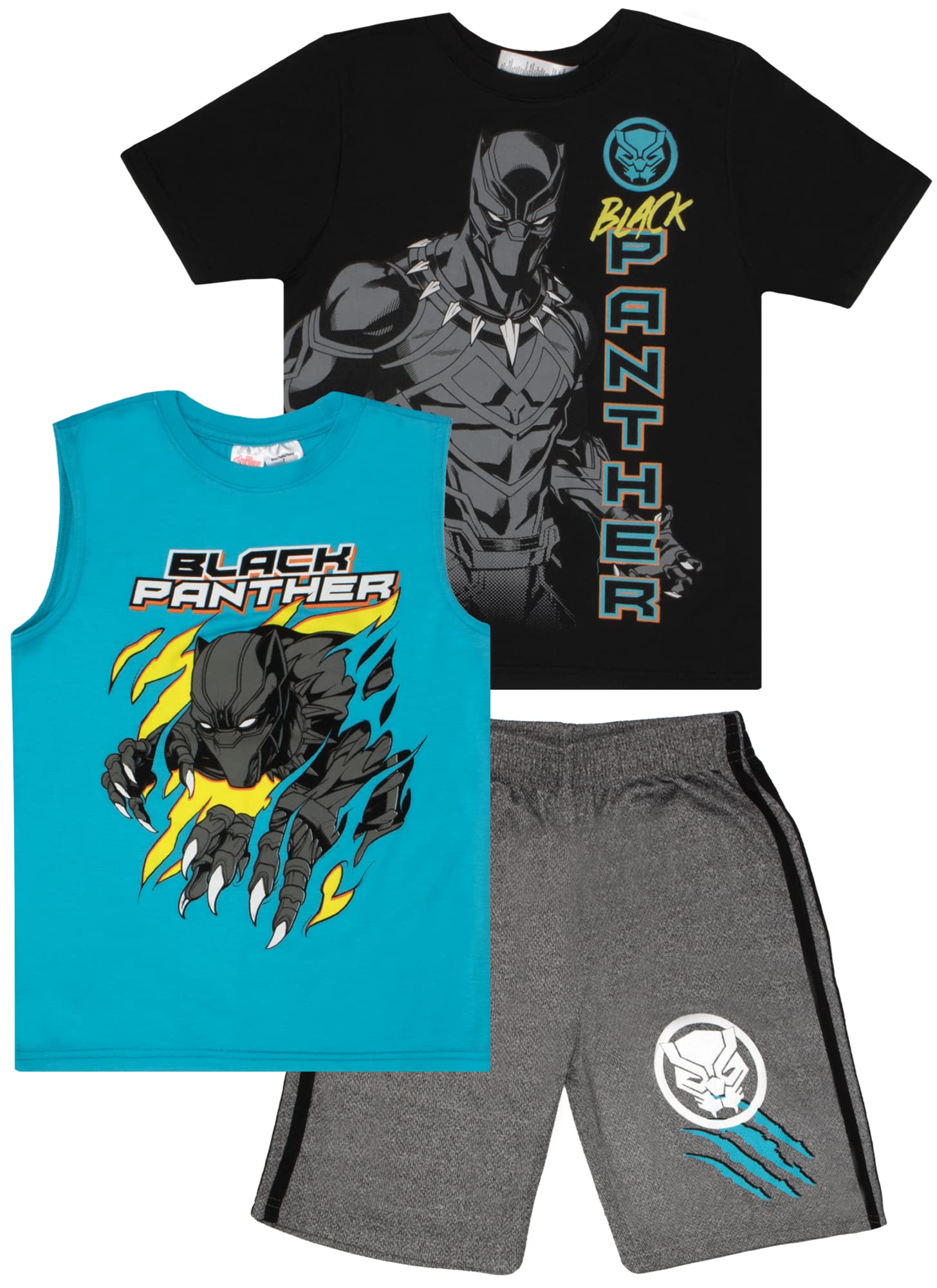 MarvelAvengers Spider-Man Black Panther Miles Morales Boys Superhero Short Sleeve T-Shirt, Tank Top and Mesh Shorts Set