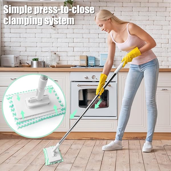 Balai Serpillère Plat avec Système de Serrage à Pression - 10 Lingettes Microfibres Incluses, Manche Télescopique 100 cm, Nettoyage Sol Sec et Humide, sans Se Salir Les Mains, pour Maison et Bureau - 3