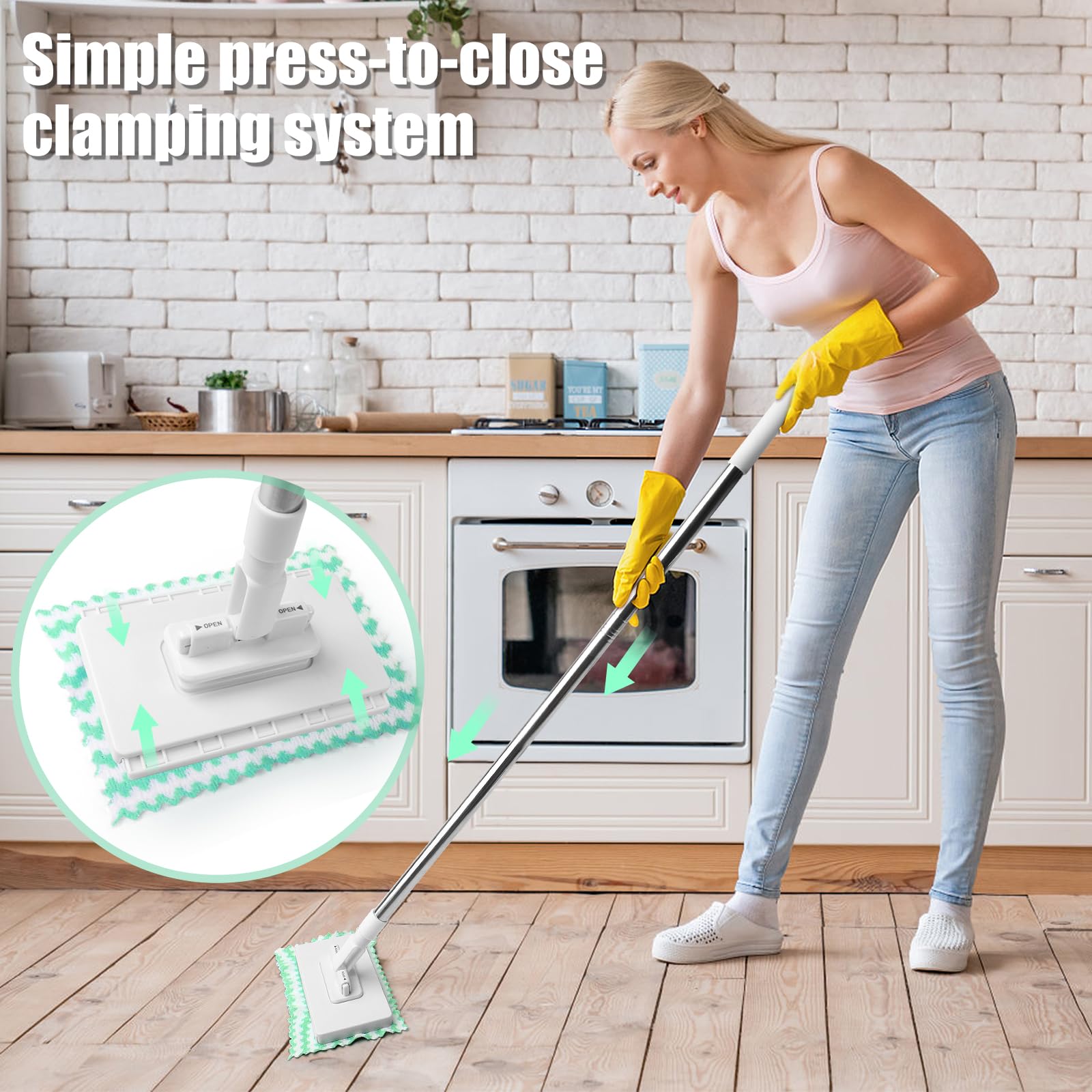 Balai Serpillère Plat avec Système de Serrage à Pression - 10 Lingettes Microfibres Incluses, Manche Télescopique 100 cm, Nettoyage Sol Sec et Humide, sans Se Salir Les Mains, pour Maison et Bureau - 3