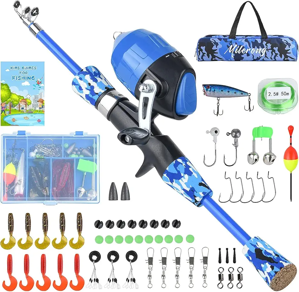 Milerong Vara De Pesca Infantil, Vara De Pesca Infantil, Vara De Pesca Telescópica Portátil E Kit Combinado De Carretel Para Meninos, Meninas, Jovens - Com Carretel De Pesca Spincast, Equipamentos De