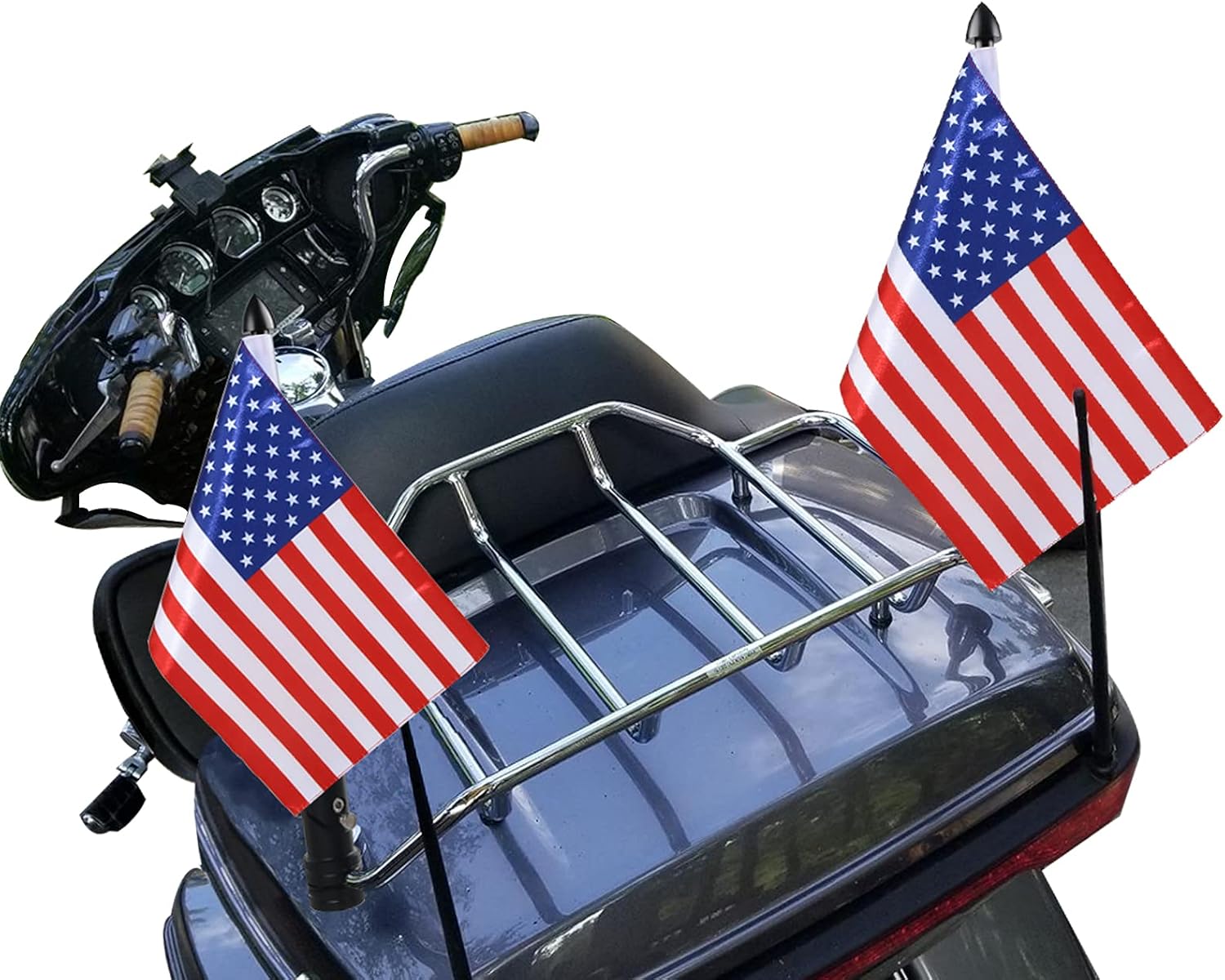 2 America Flag for Motorcycle Flagpole Mounts Foldable 90 Degree Flag Pole Bracket for Harley Road King Honda Goldwing CB VTX CBR fit 1/2 Motorcycle Luggage Rack Black Foldable Flagpole