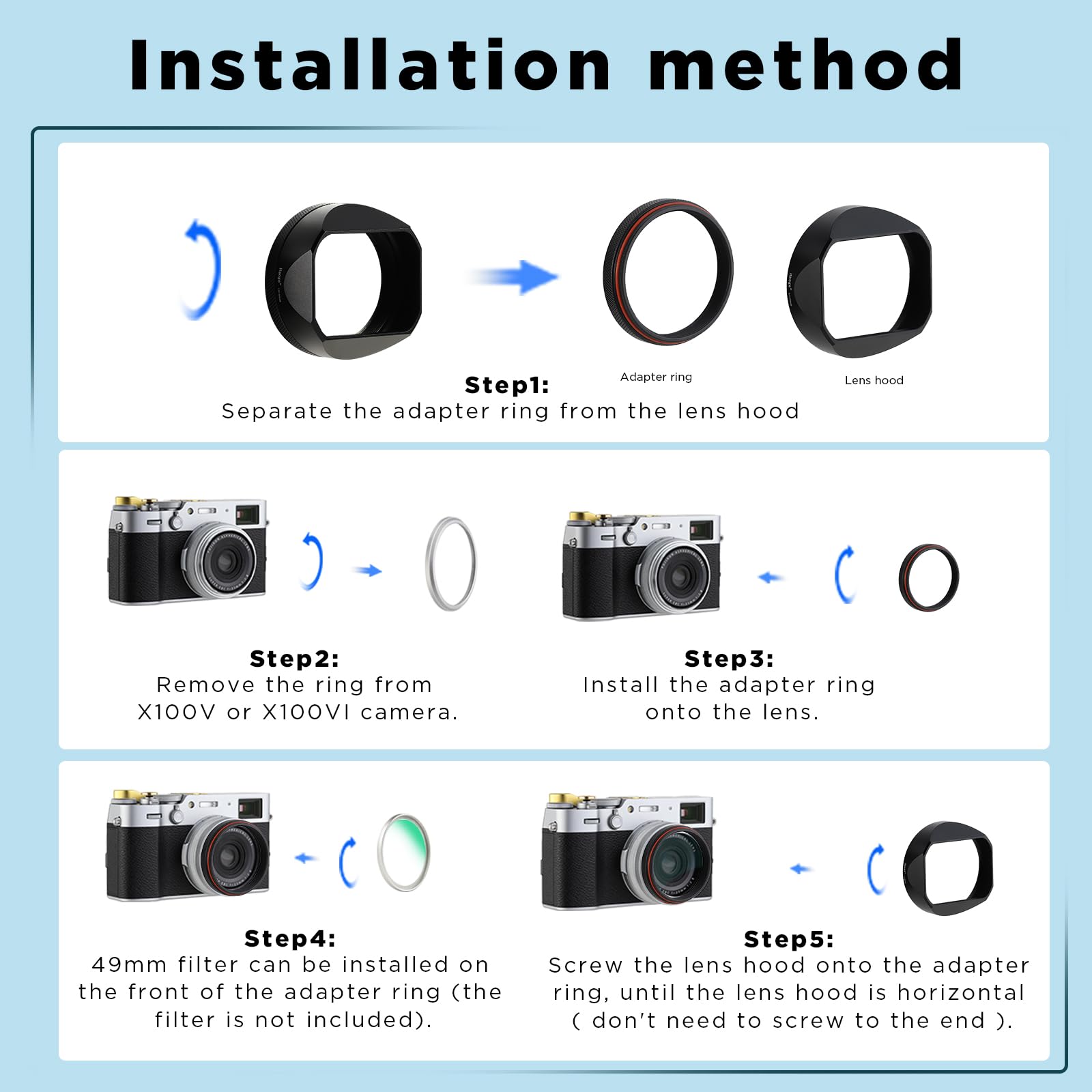 Haoge LH-X54B - Paraluce quadrato in metallo per fotocamera Fuji X100VI X100V, con anello adattatore filtro UV da 49 mm, colore: nero