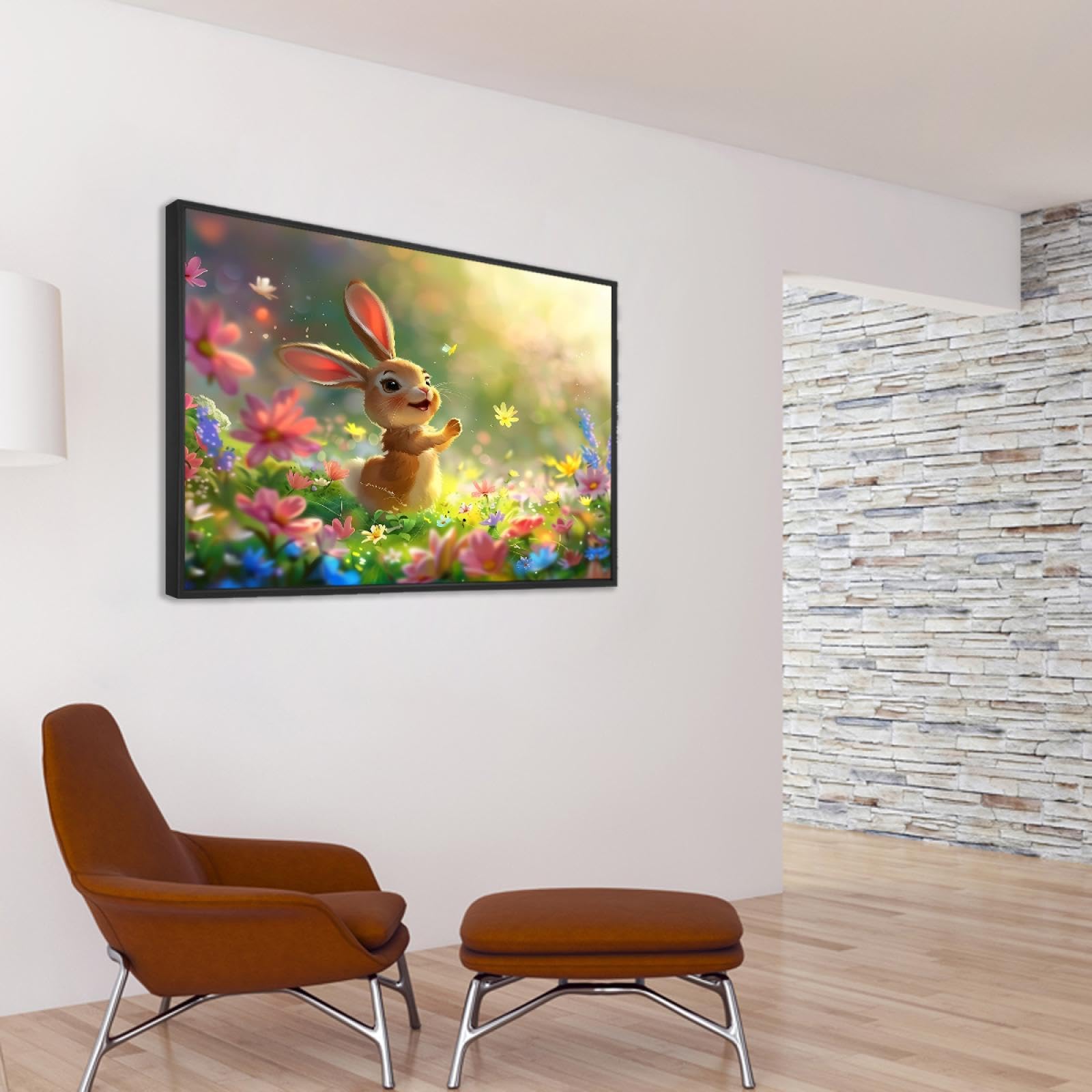 Via Vela Mignon Lapin Floral Toile Art Mural Vibrant Animal Images Nature Paysage Oeuvre d’art Impressions Lapin Jardin Affiche Peinture pour Bureau Décor 40x60cm avec Cadre Noir