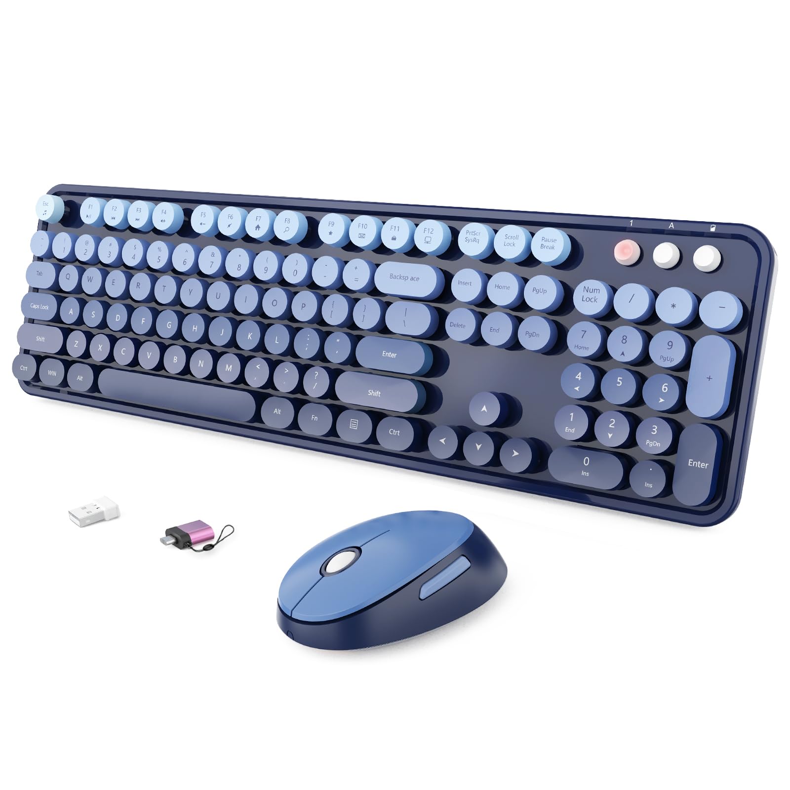 Wireless Keyboard and Mouse Combo, Ergonomic Full Size Typewriter Retro Round Keycaps Keyboard, Compatible with Windows, PC, Perfer for Home and Office Keyboards (Twilight Blue